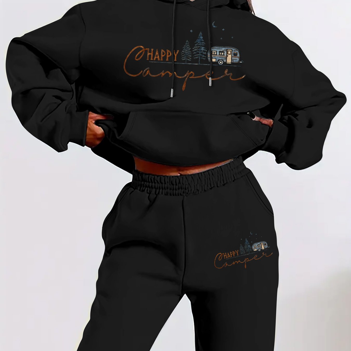 TEMU Women's Stylish Hoodie And Pants Two-piece Set, Featuring A Printed Design, Perfect For Autumn And Winter With A Fleece-lined Hoodie