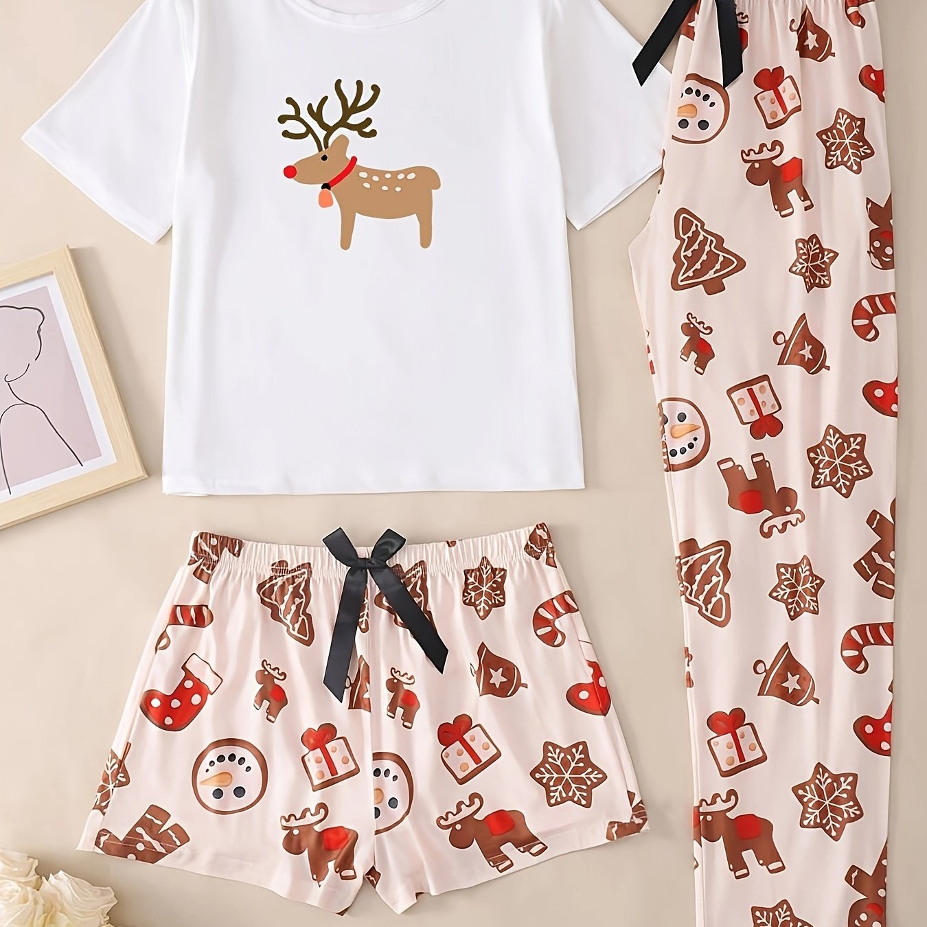 Christmas Pattern Women's Pajama 3pcs Set