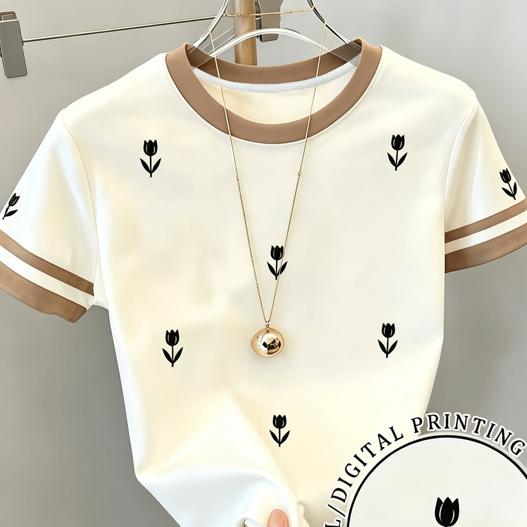 TEMU Fashion Women's Clothing Contrast Striped Tulip Print T-shirt, Round Neck Short Sleeve Summer Casual Fashion Tee, Trendy Cool Top For Daily And