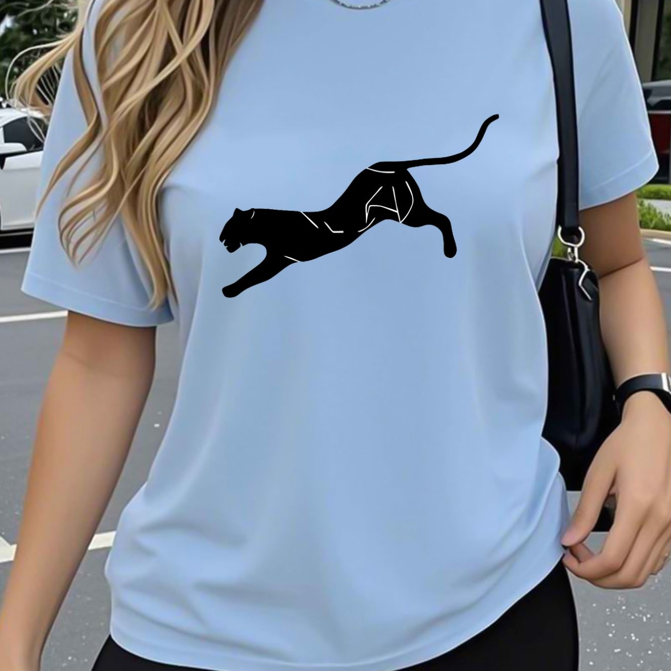 TEMU Women's Leopard Print Round Neck T-shirt - Short Sleeve Pullover Blouse Suitable For Casual & Sporty Wear, Machine Washable, Options, - Fit For