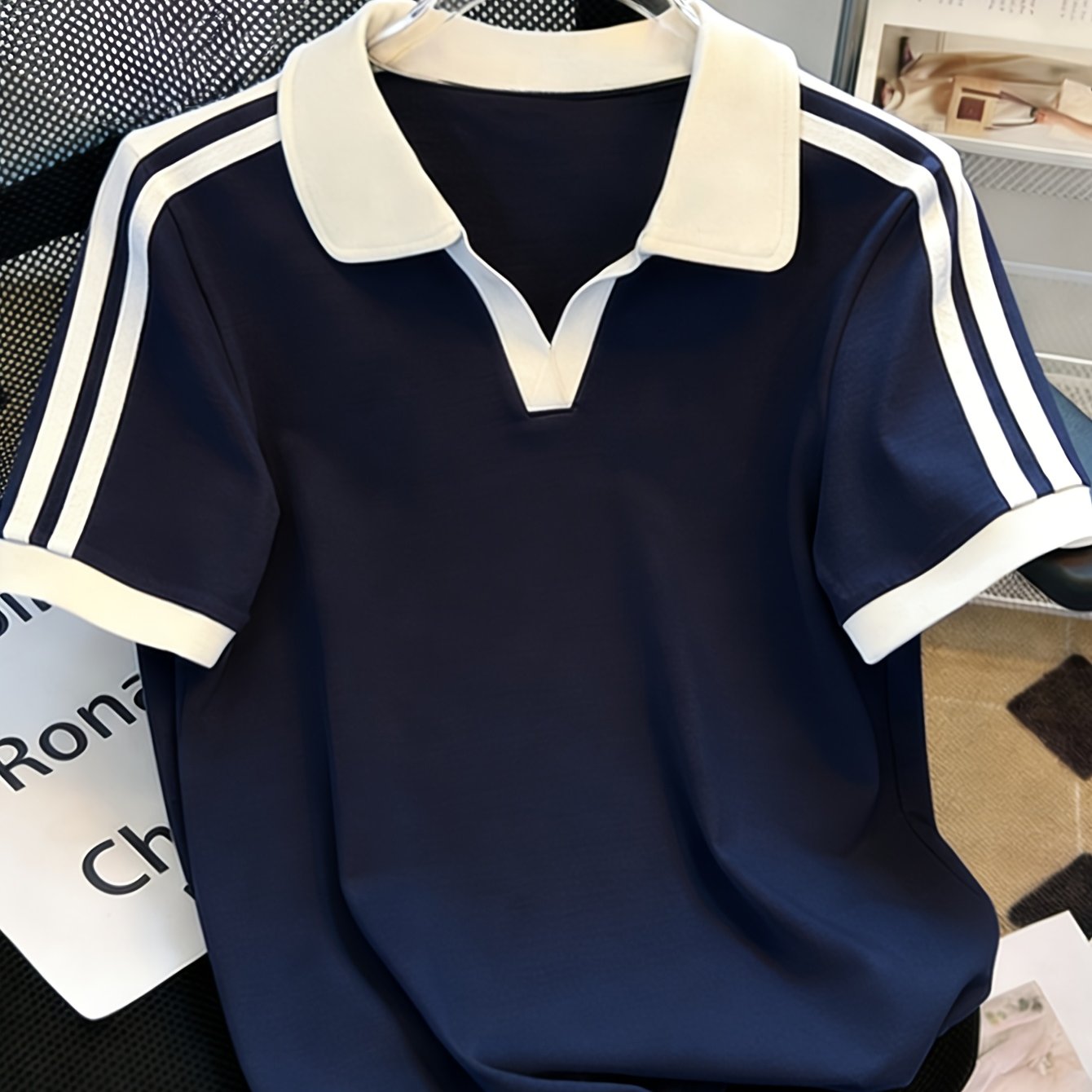 Image of 95% Solid Color Women's Collar Short Sleeve Color-block Lapel Versatile Casual Summer Top, Four- For Daily Wear, Machine Washable, For