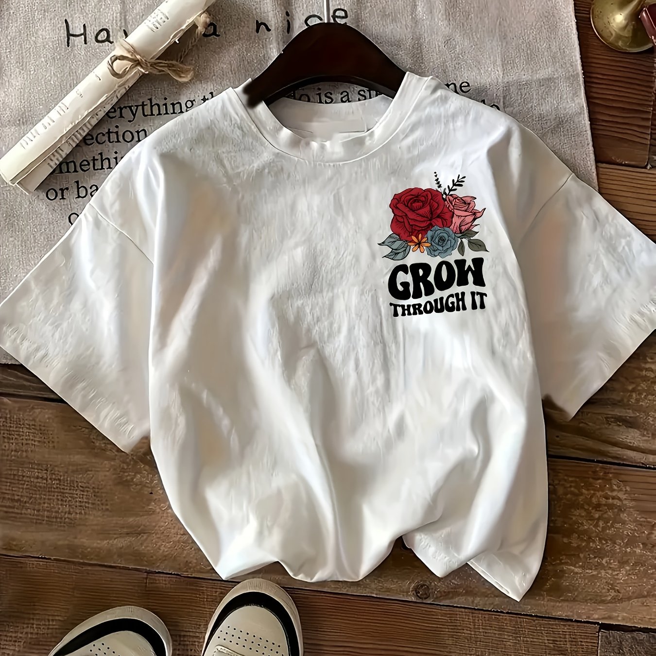Rose Print T-shirt, Casual Comfortable Round Neck Short Sleeve Women's Top