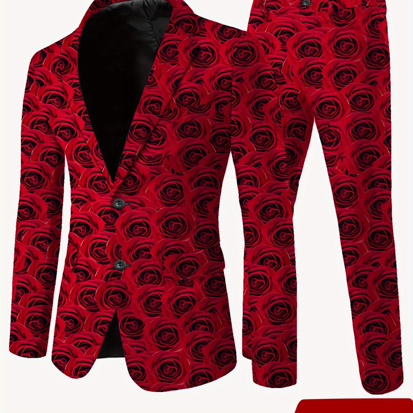 TEMU Suit And Trousers Combination Men's Suit Set Vibrant Red Main Tone Dense Arrangement Red Rose Floral Pattern Decor Formal Print Blazer And Pants