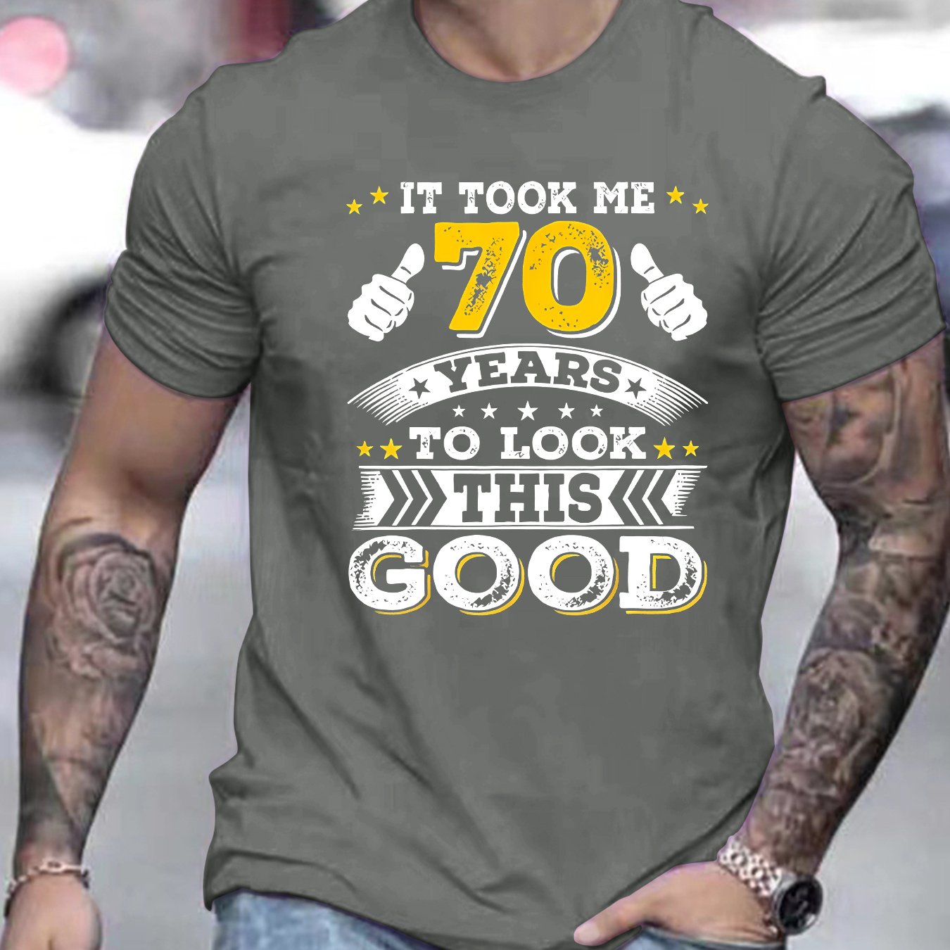 TEMU Men's 70th T-shirt - Funny Gift With Thumbs Up & Age Number Print - Casual Round Neck Short Sleeve Tee For Milestone Celebrations ( Men's