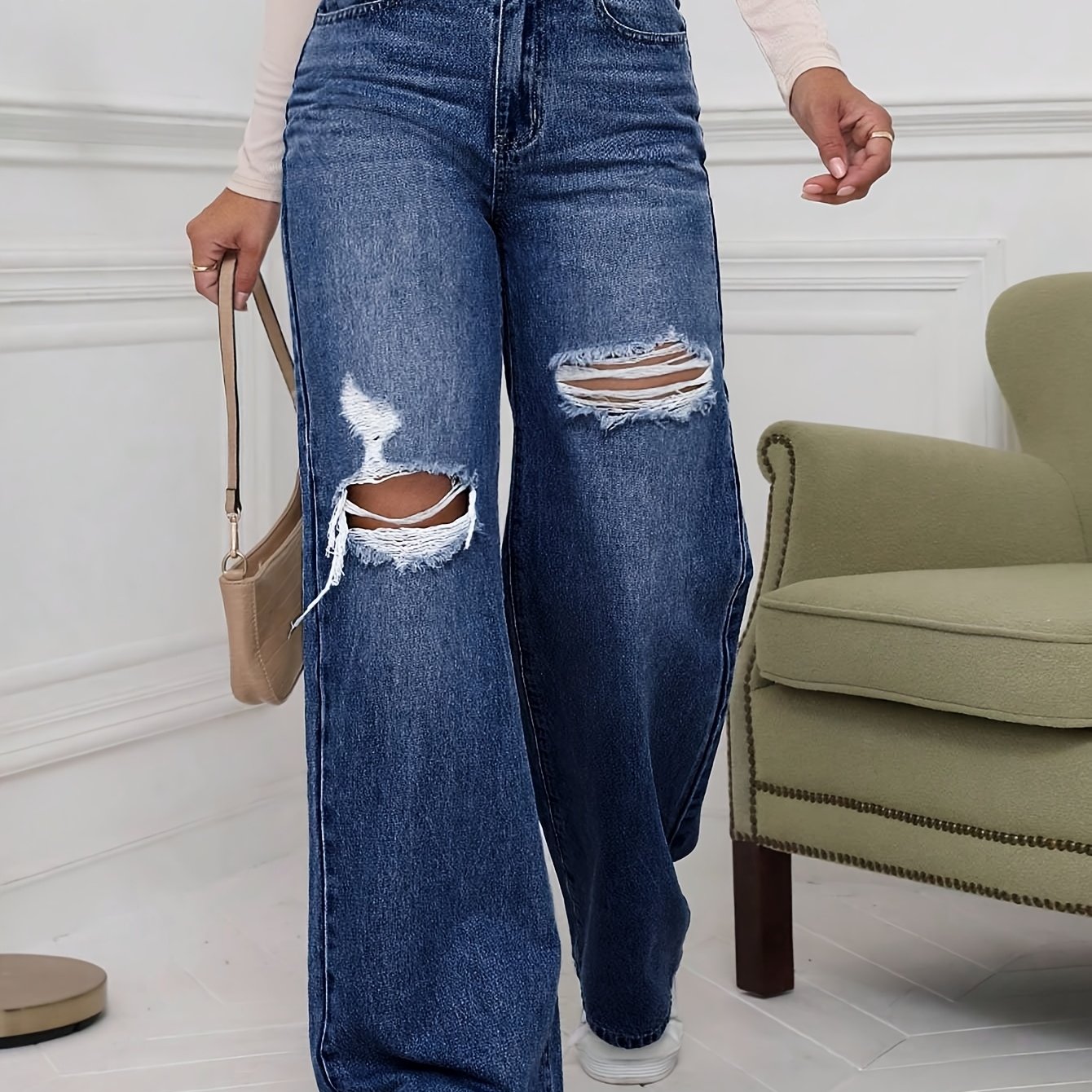 Image of Women's High-waisted Distressed Wide-leg Jeans - Relaxed Fit Ripped Denim Pants With Button Fly, Machine Washable Casual Trousers For Casual Attire, Stylish | Durable Fabric