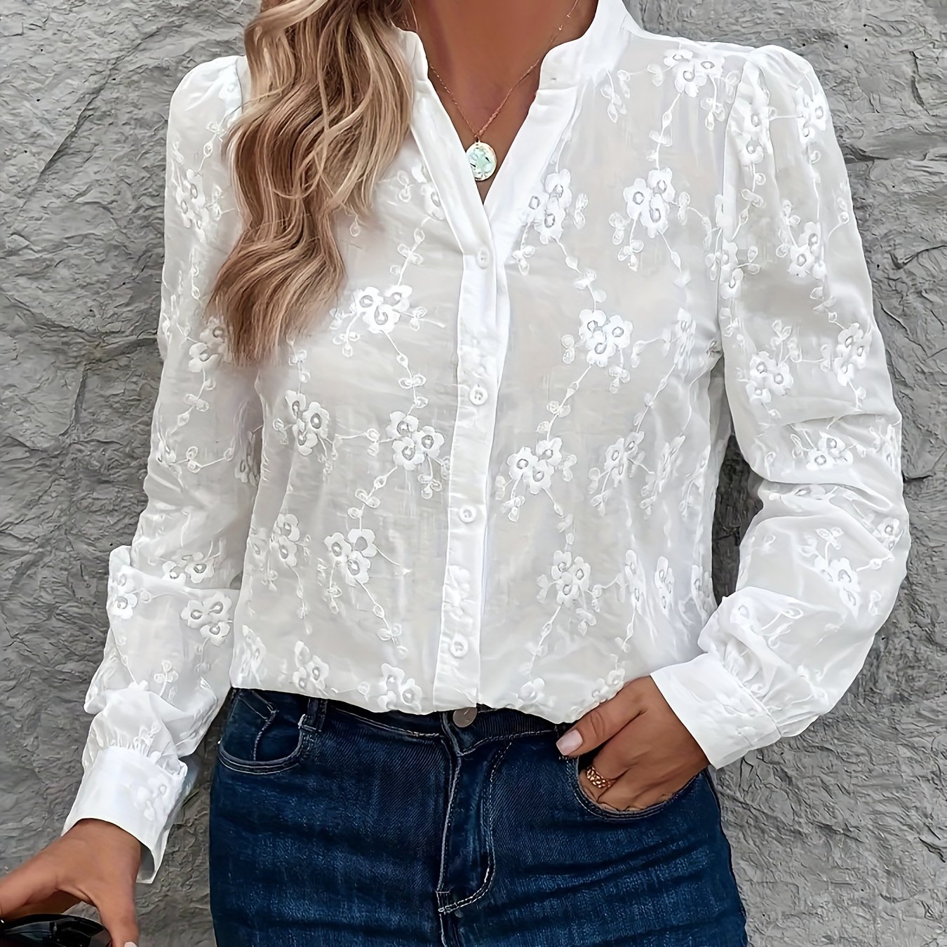 TEMU Water-soluble Fabric Long-sleeve Shirt, Elegant V-neck Blouse, Suitable For Spring And Autumn, Women's Clothing Shirt