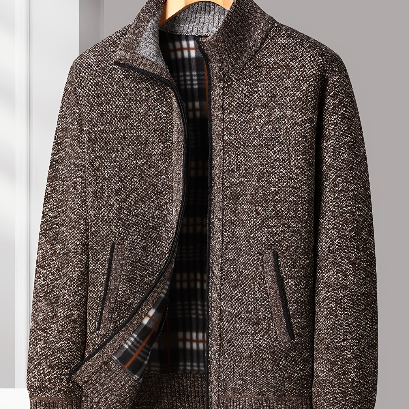 TEMU Men's Warm Knit Cardigan Grey And Flower Mixed Zipper Thicker Knit Jacket Thickened Long Sleeve Top For Autumn And Winter Cold Protection Casual