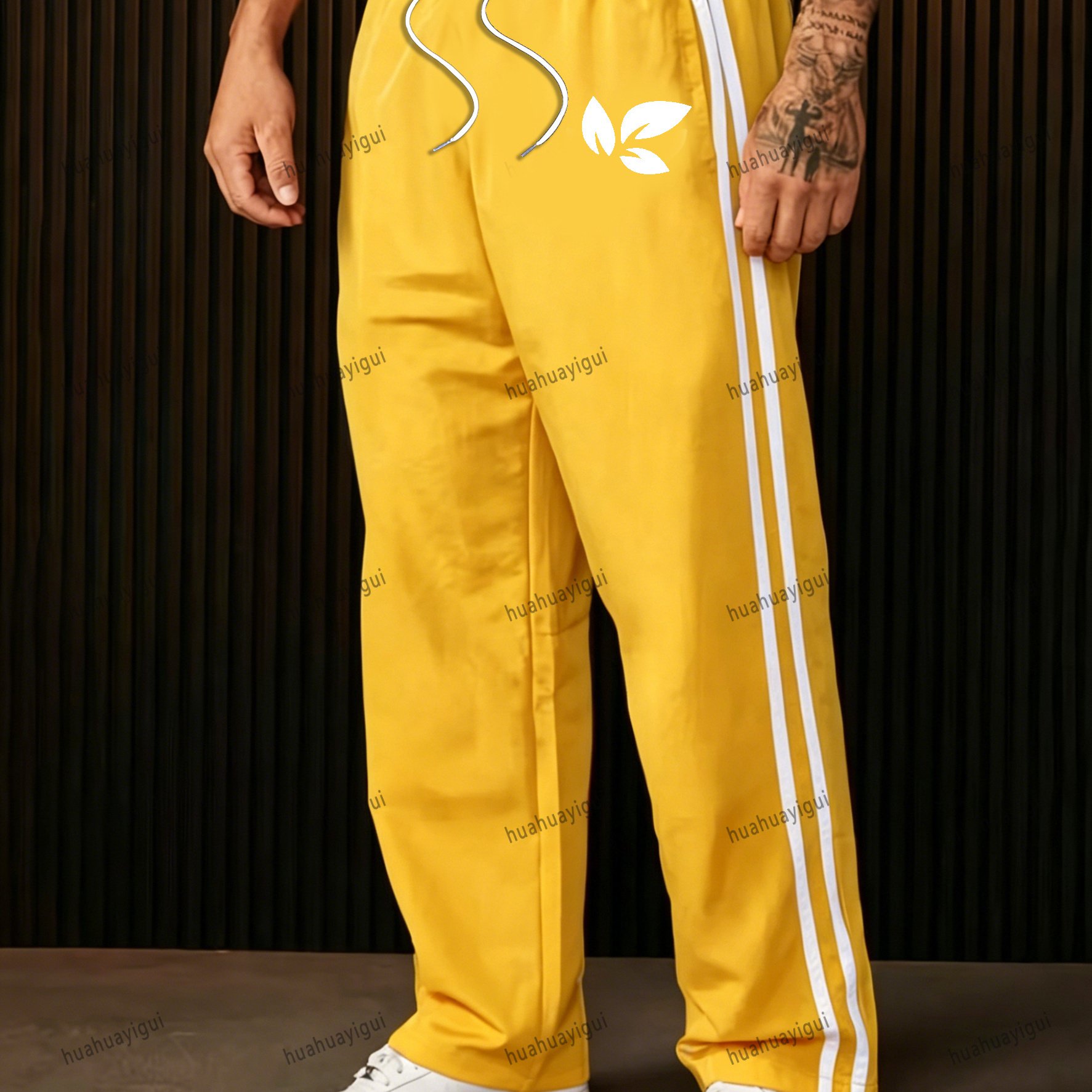 TEMU Men's 4-stripe Wide-leg Pants, 1pc, Lightweight And Breathable, Drawstring Waist, Suitable For Daily Fitness Wear, Plus Size