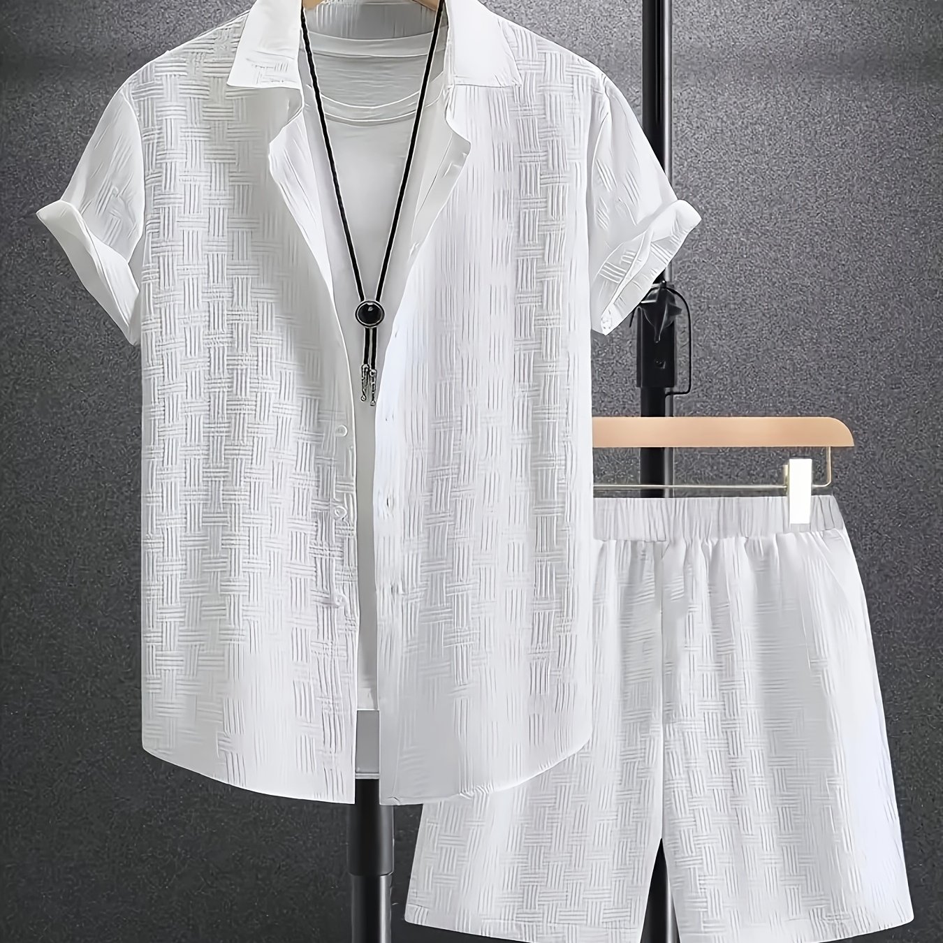 TEMU Men's Casual Cardigan With , Featuring Short Sleeves And A Matching Shorts Set