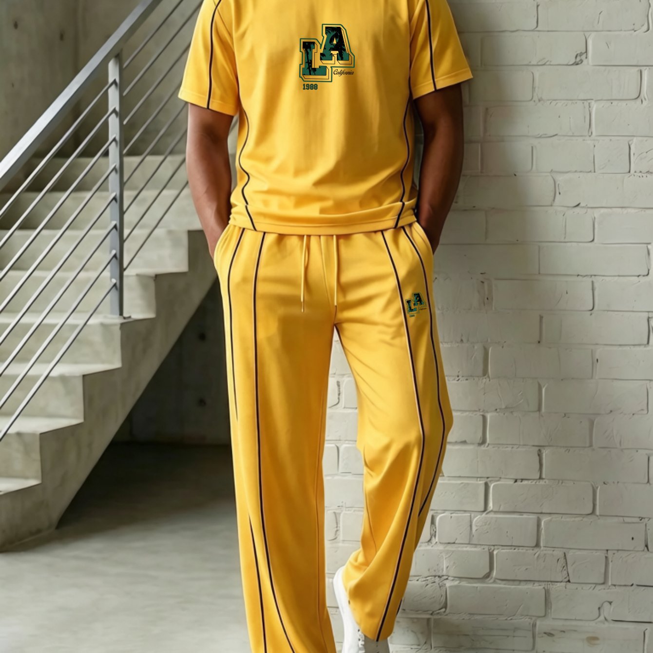 Two-piece Set: Men's Business-casual And Athletic Style - Printed Short-sleeve Top With Matching Trousers - Multiple Colors