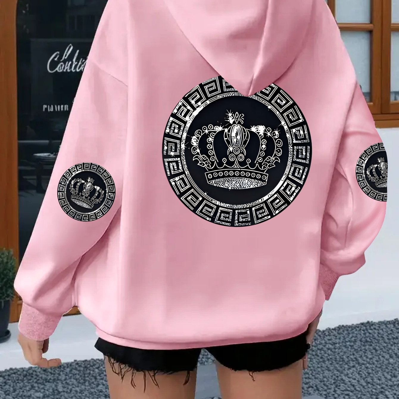 TEMU Plus-size Women's Comfortable Casual Hoodie Featuring An Exquisite Crown Pattern Print, Long-sleeve, Lightweight, Stretchy Design, Machine