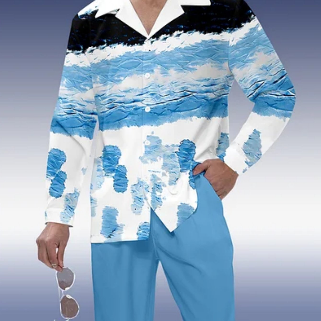 2026 Spring/summer : Multi-colored , Irregularly Shaped Men's Casual Sports Suit | Featuring A Stylish, Retro-inspired Long-sleeved Top And Solid-colored Loose-fitting Casual Pants, Wear, Walking