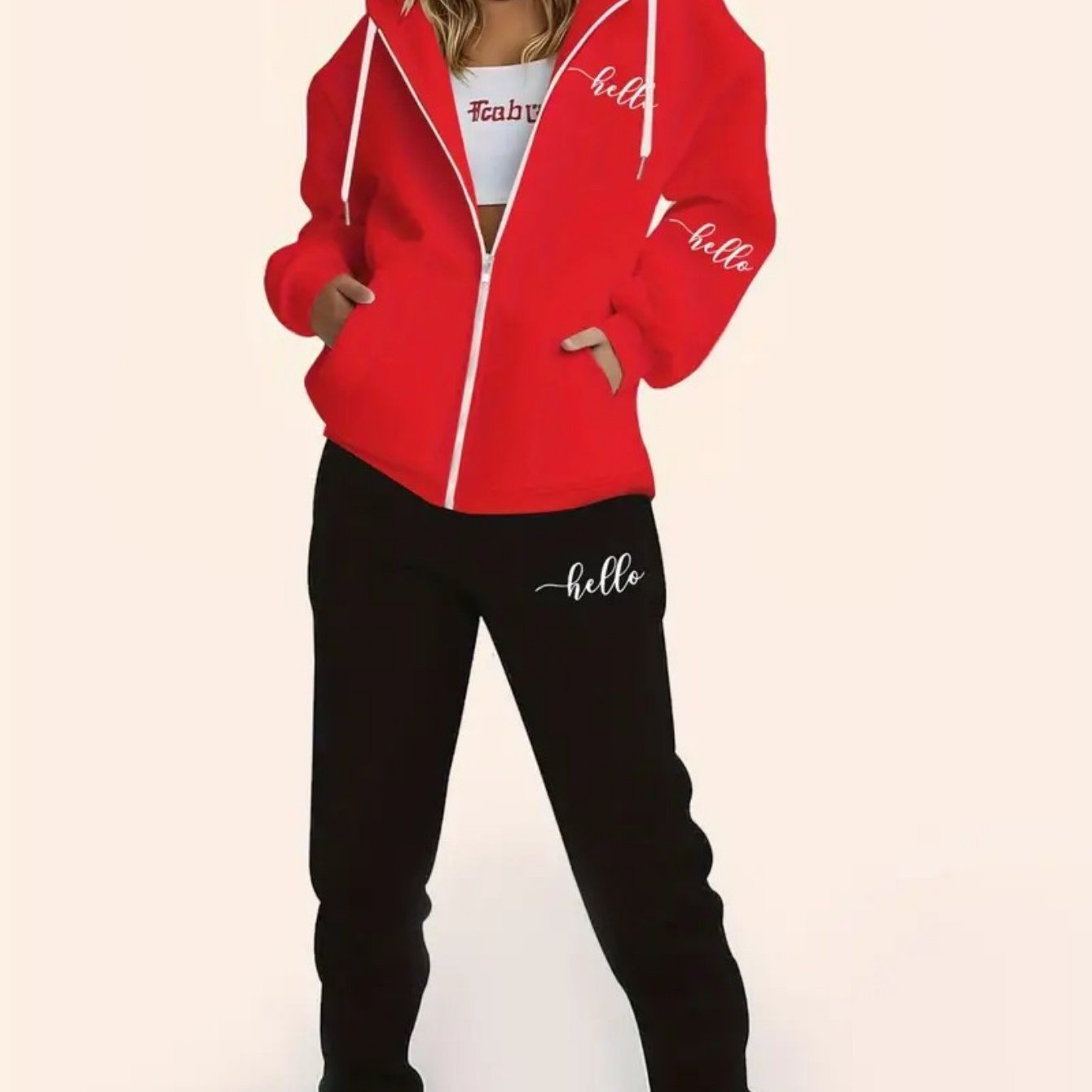 TEMU Ladies Fashion Hooded Suit, Simple Letter "hello" Printing, Hooded Trousers With Drawstring Pocket Two-piece Suit, Polyester Fiber Fabric,