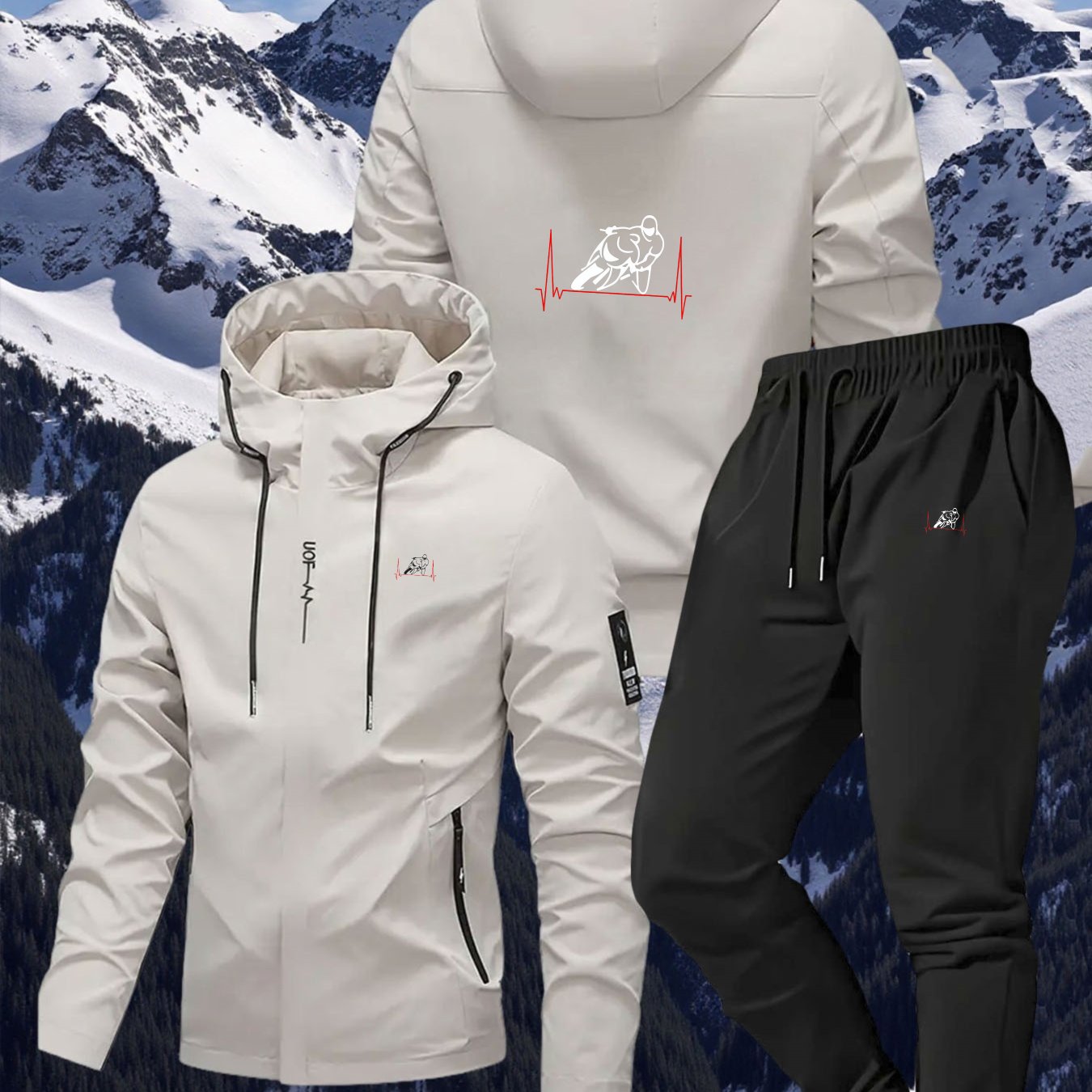 TEMU Men' 2pcs Set With Skiing Figure And Heartbeat Pattern, Flight Jacket And Casual Pants