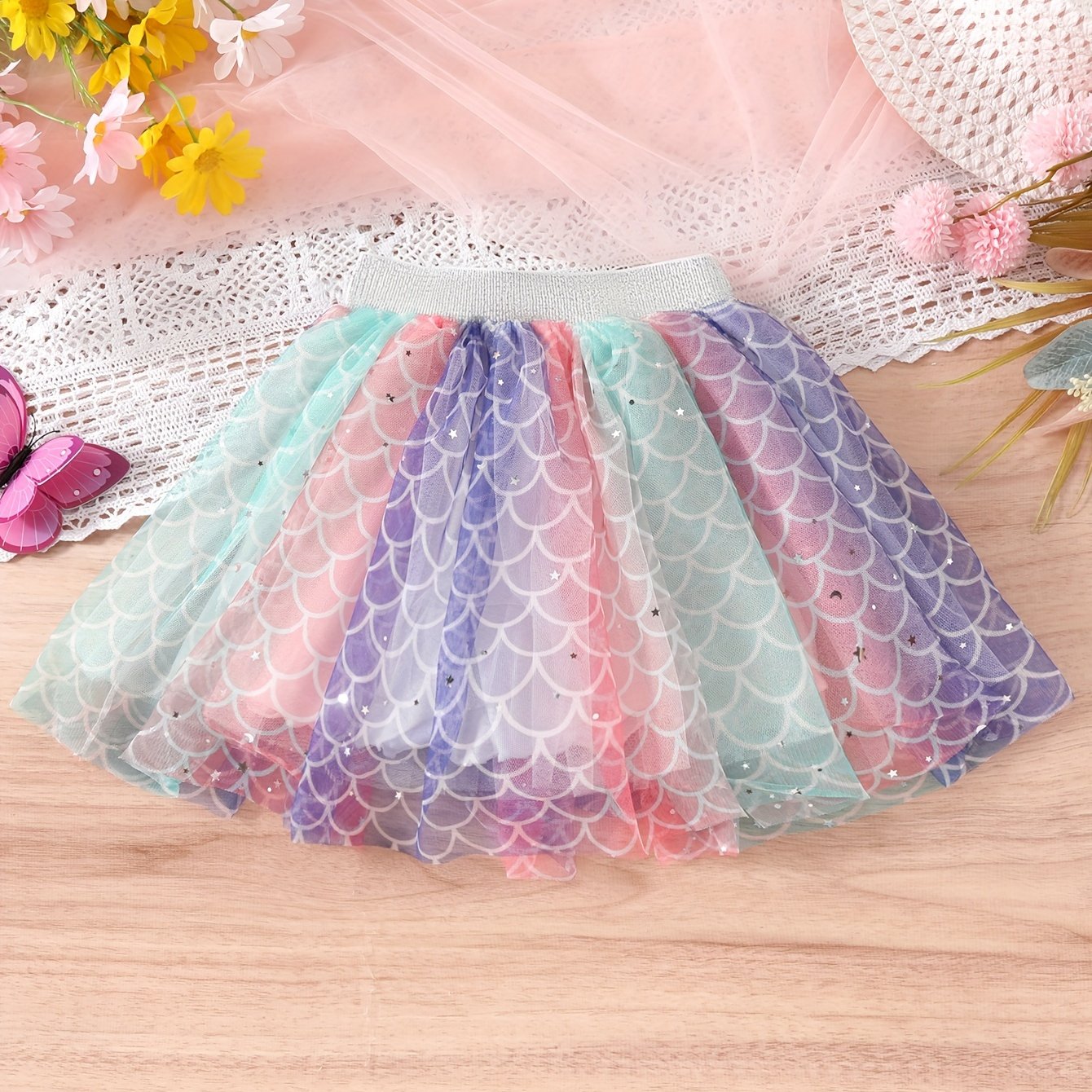 Image of Girl's Fish Scale Gradient Skirt, Stylish Children's Tulle Summer Short Skirt, Pleated Multicolor Versatile Mesh Dress For Festivals And Birthdays