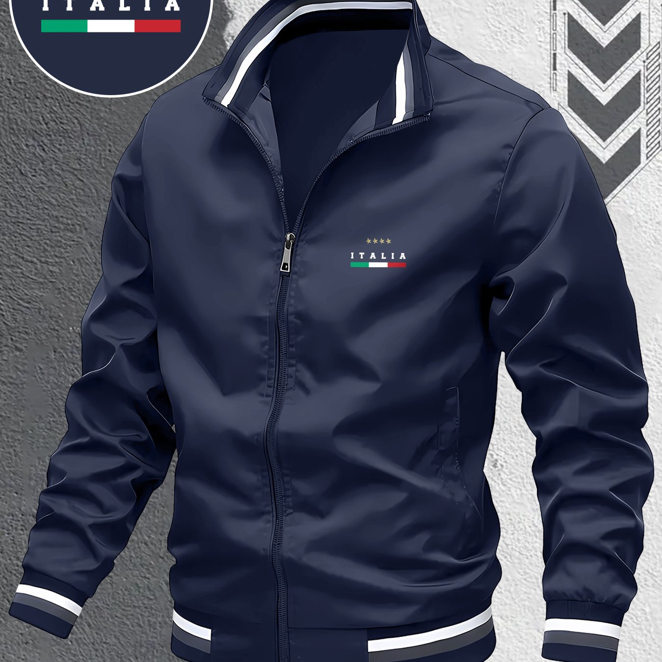 TEMU Italian Flag Pattern Print, Men's Lightweight Collar Casual Jacket, Comfortable Fabric Zipper Regular Fit Spring And Autumn Outerwear Jacket