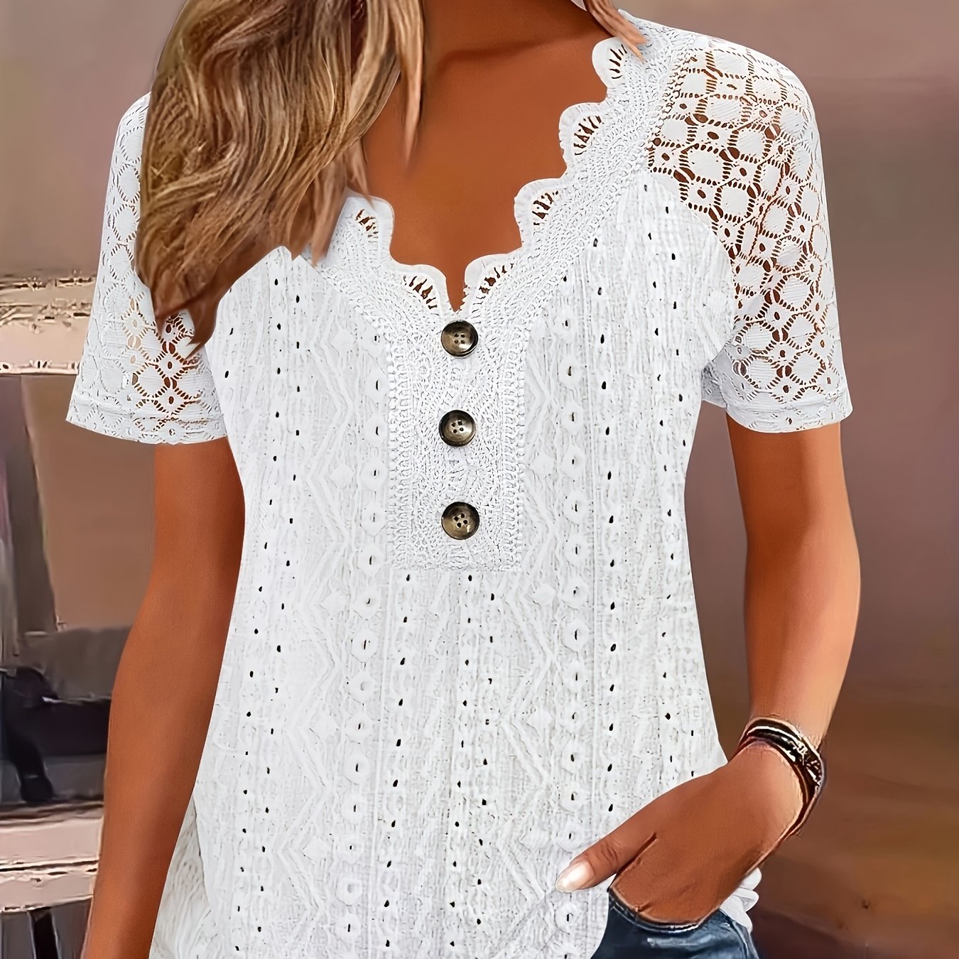 Image of Plus Size, Plus Size Women's Fashion Embroidered Eyelet Jacquard Lace Button V-neck Short Sleeve