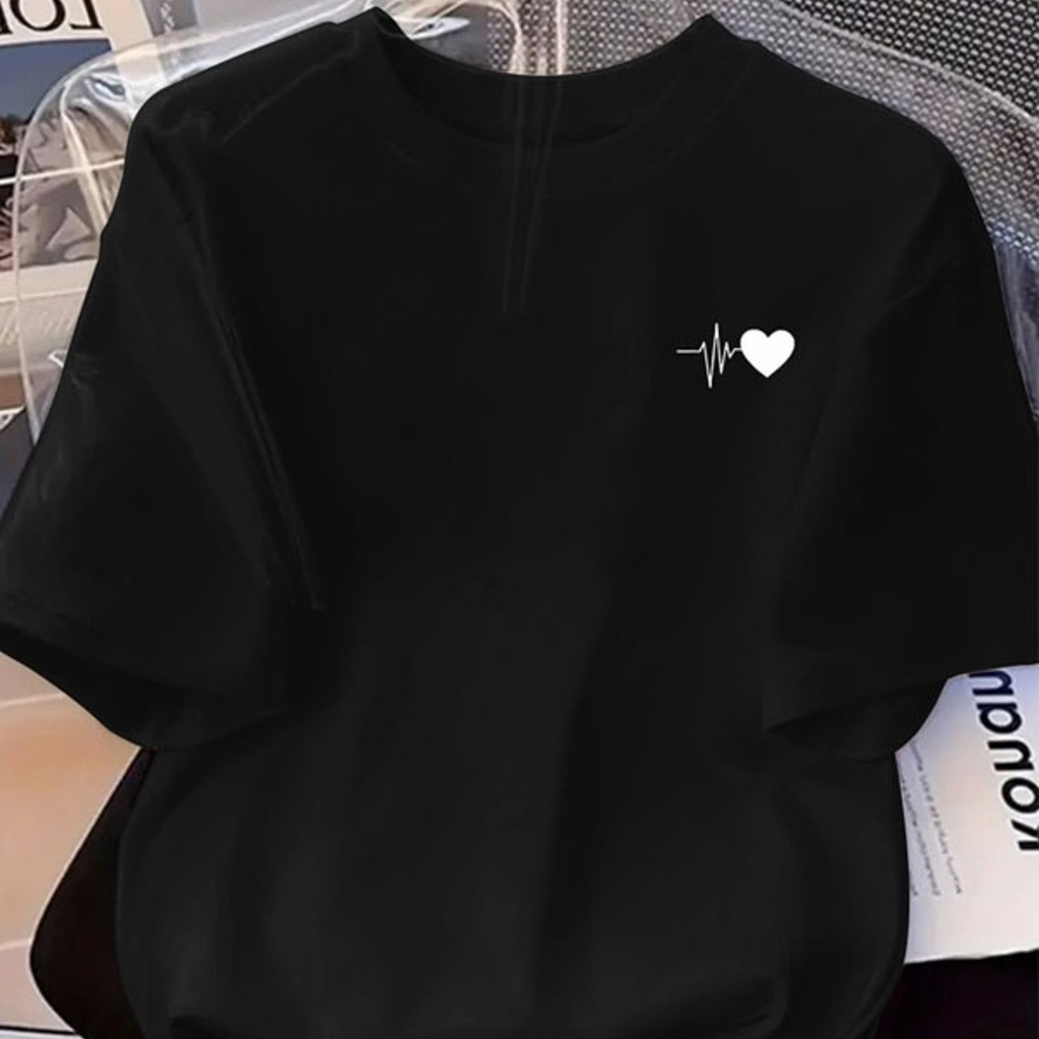 TEMU Women Black Crew Neck Short Sleeve T-shirt, White Heart And Ecg Line Graphic Print On Left Chest, Soft Lightweight Breathable Relaxed Fit Tee,