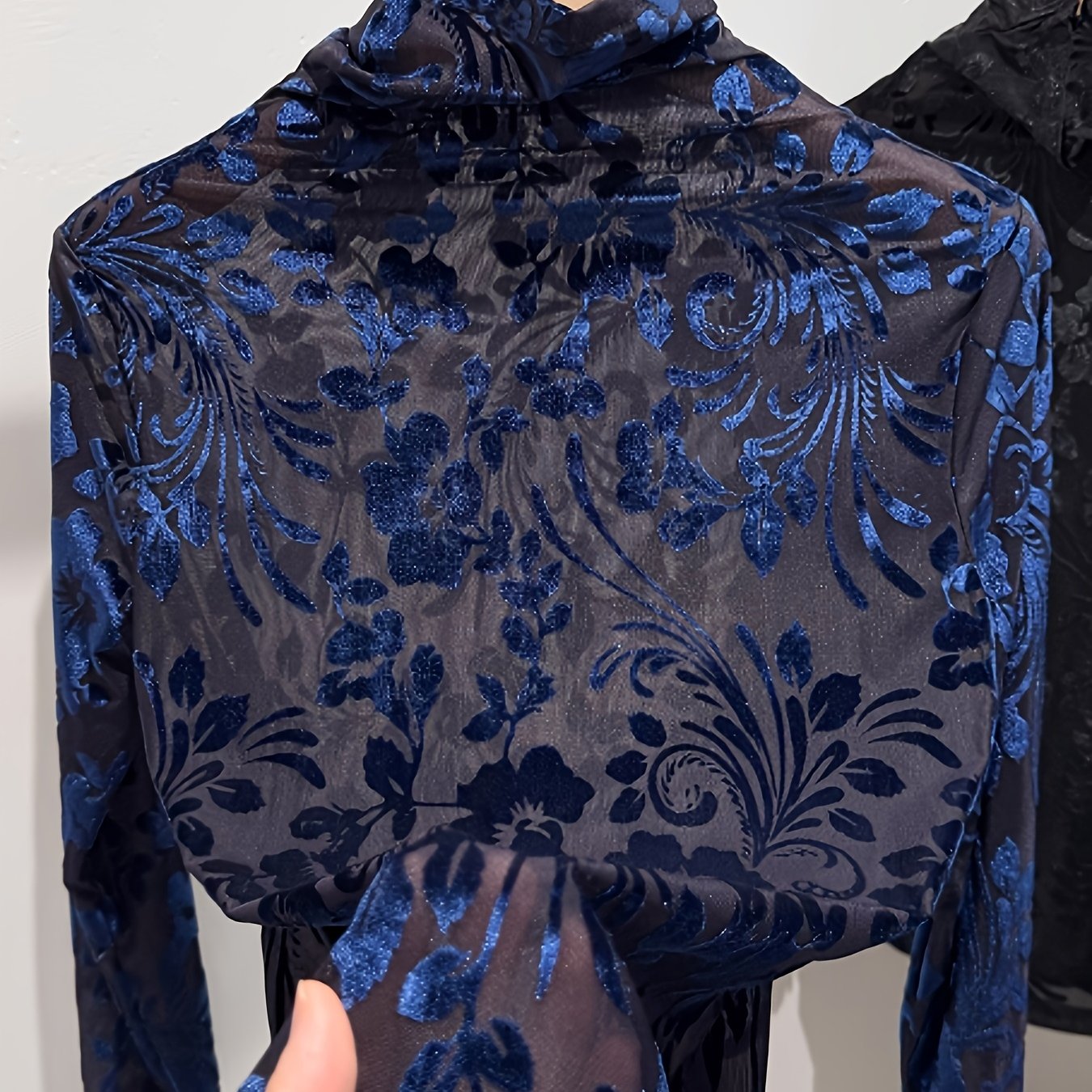 TEMU Women's Slim- Layer Top With Half-turtleneck, Mesh Fabric, Flocked Finish, And Long Sleeves