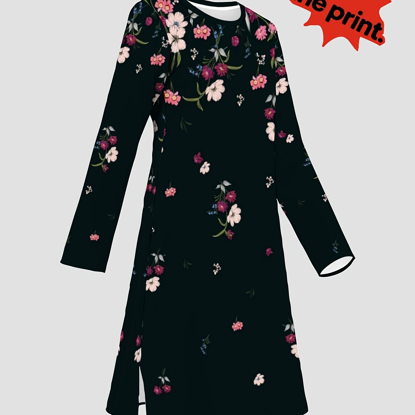 TEMU [printed Design â Not Textured/embroidery/sequins] Women's Long-length Polyester Top With Exquisite Floral Pattern On A Black Background