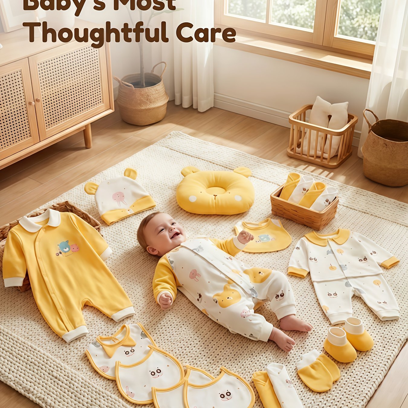TEMU Baby Boy Clothes + Baby Items, Newborn Daily Necessities Complete Set, 0-3 Months, Total 22pcs, 3 Sets Of Clothes +swaddle Blanket+ Hat + Hand