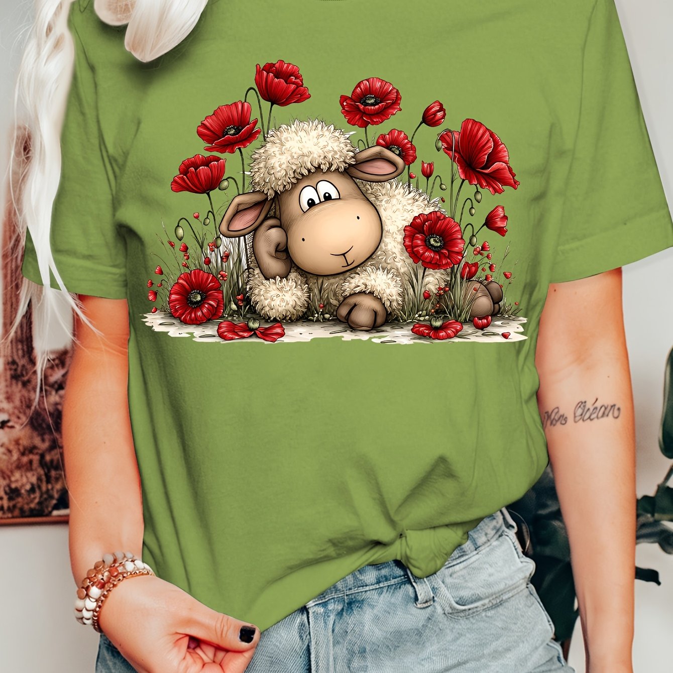 TEMU [spring And Summer New Arrivals]women's Summer Clothing, Poppy Sheep Print Round Neck Short Sleeve T-shirt, Comfortable, Soft, Fashionable,