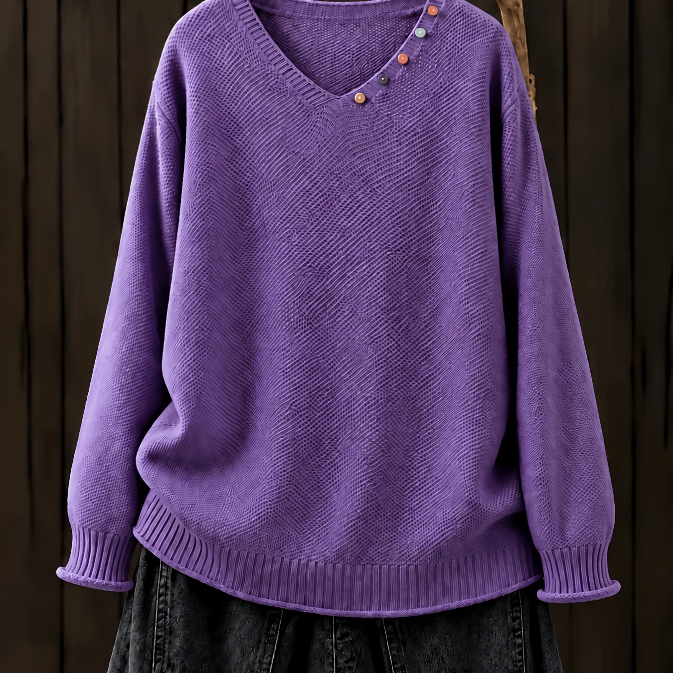 TEMU Pull à col en V manches longues grande taille