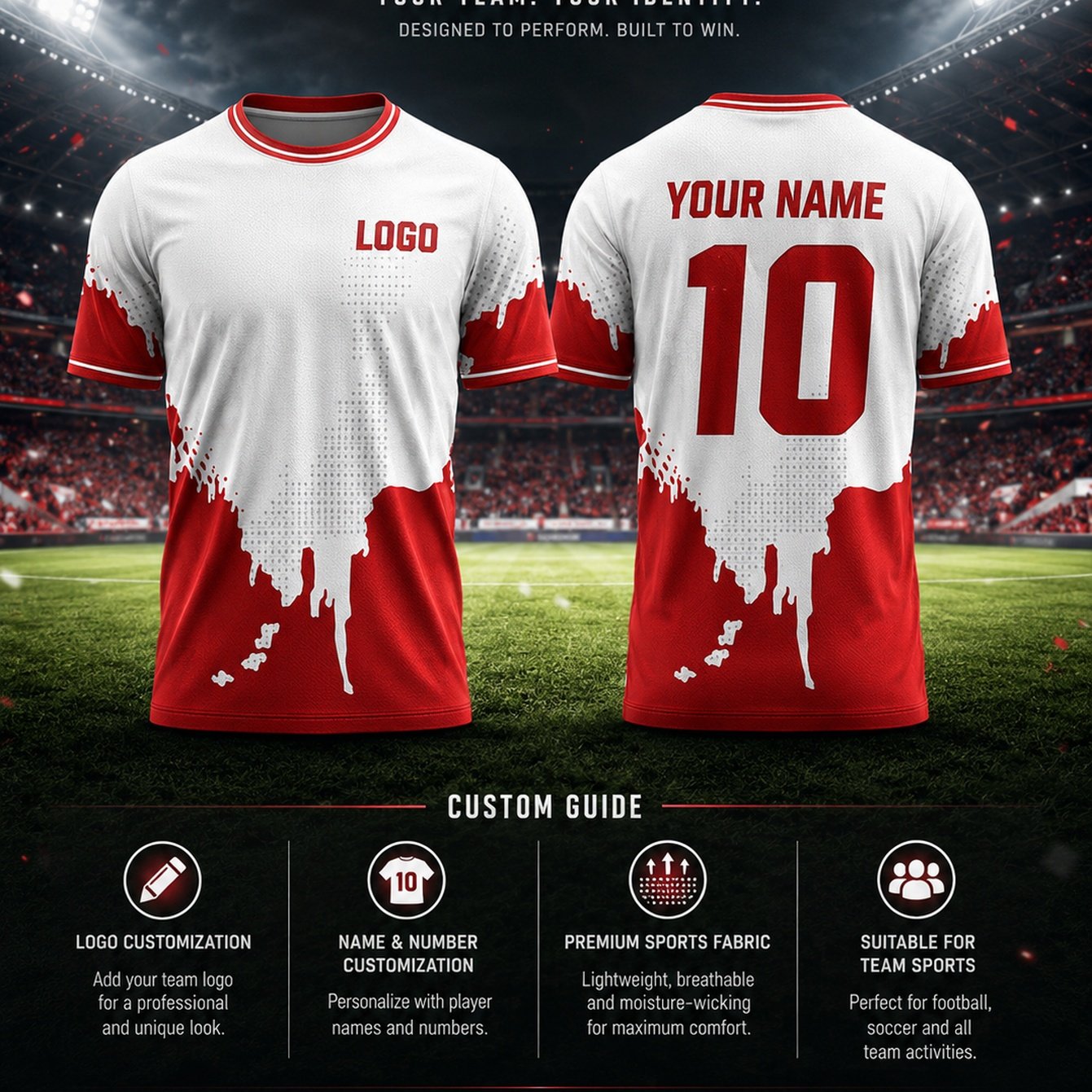 TEMU Red And White Splatter Gradient Personalized Custom Soccer Jersey, Logo And Player Printing , Quick-dry Breathable Lightweight Durable,