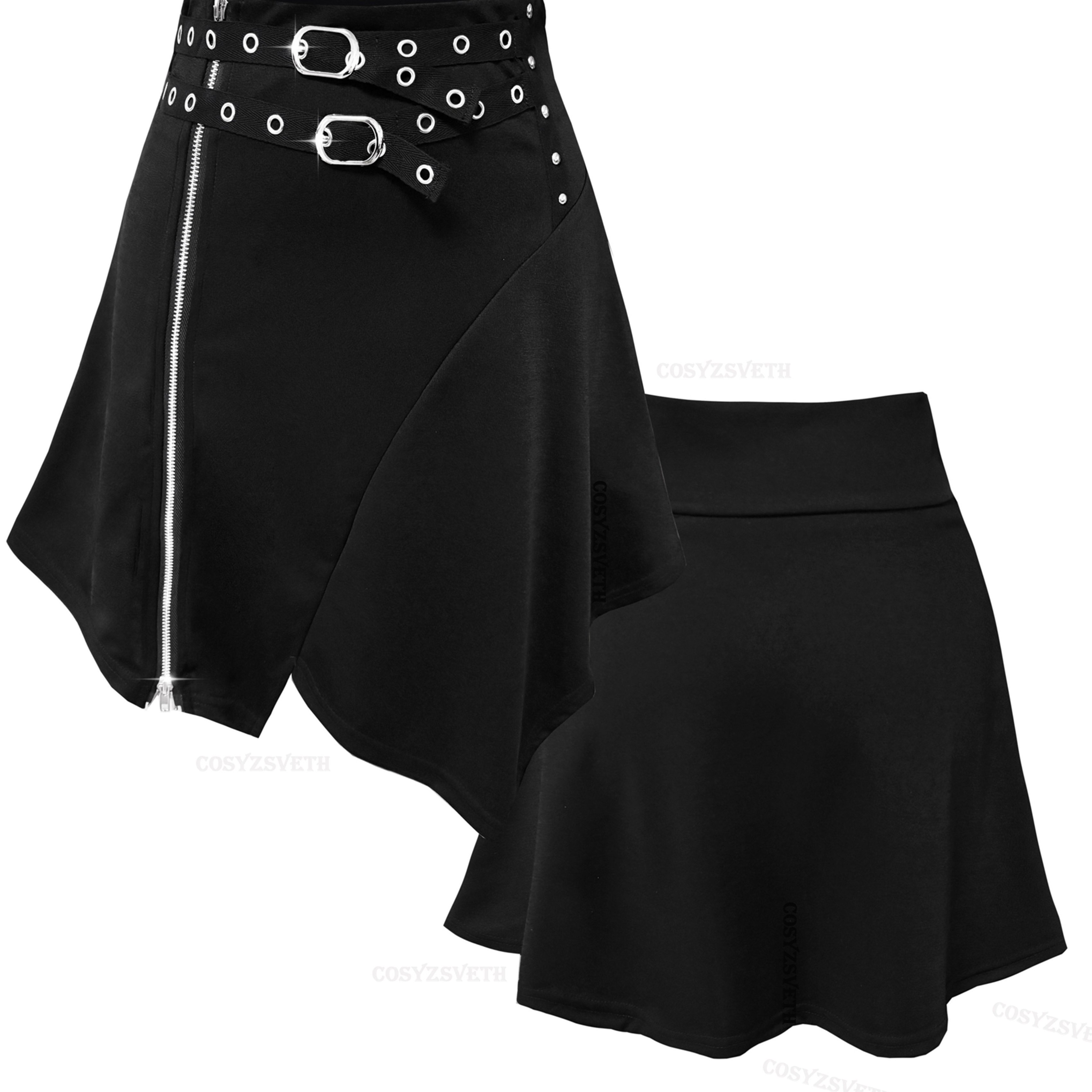 E-shop Y2K Metallreißverschluss Öffnung Unregelmäßiges A-Linien Damenrock mit 2 Reißverschlusszügen, Metallösenbesatz Modischer Minirock, Gothic Rock