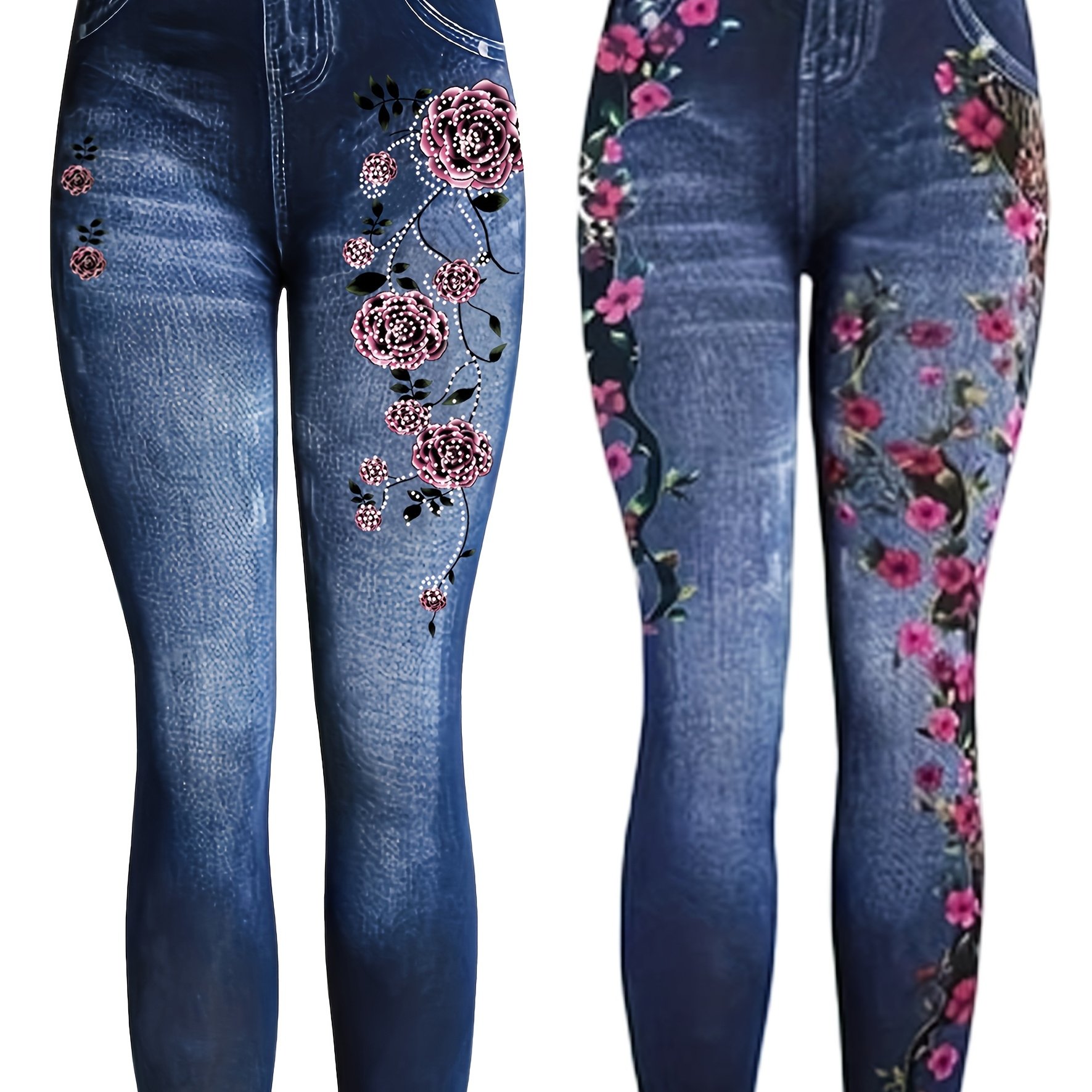 Image of Plus Size, [printed Pants - Not Denim Fabric] 2- Size Women's High Waisted Stretchy Tights With Floral And Denim Print Like Finish For Casual Attire