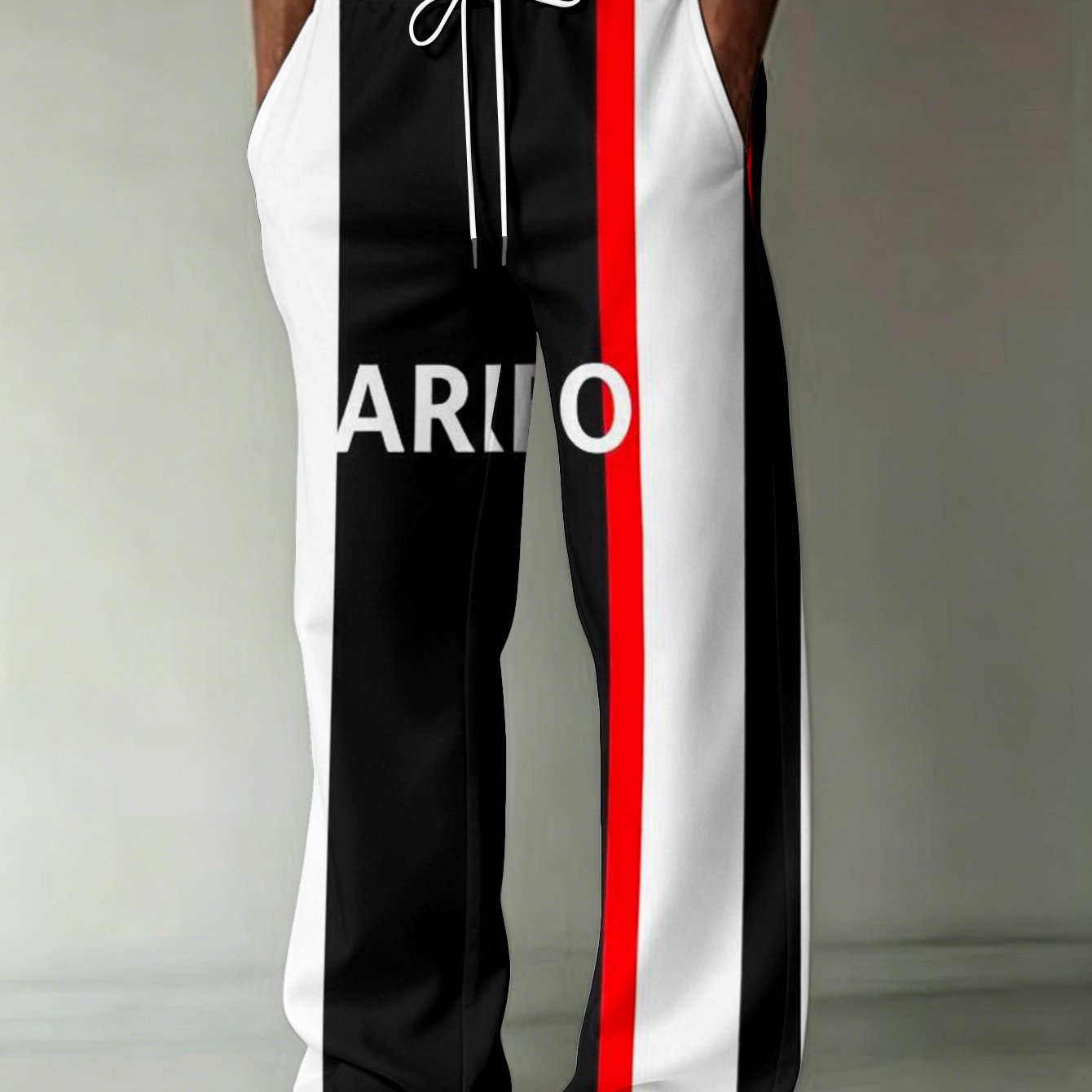 TEMU Men's Fashionable Printed Trousers With Featuring White And Red Vertical Stripes. White Area Contains The "" Text Pattern. Straight-leg Pants