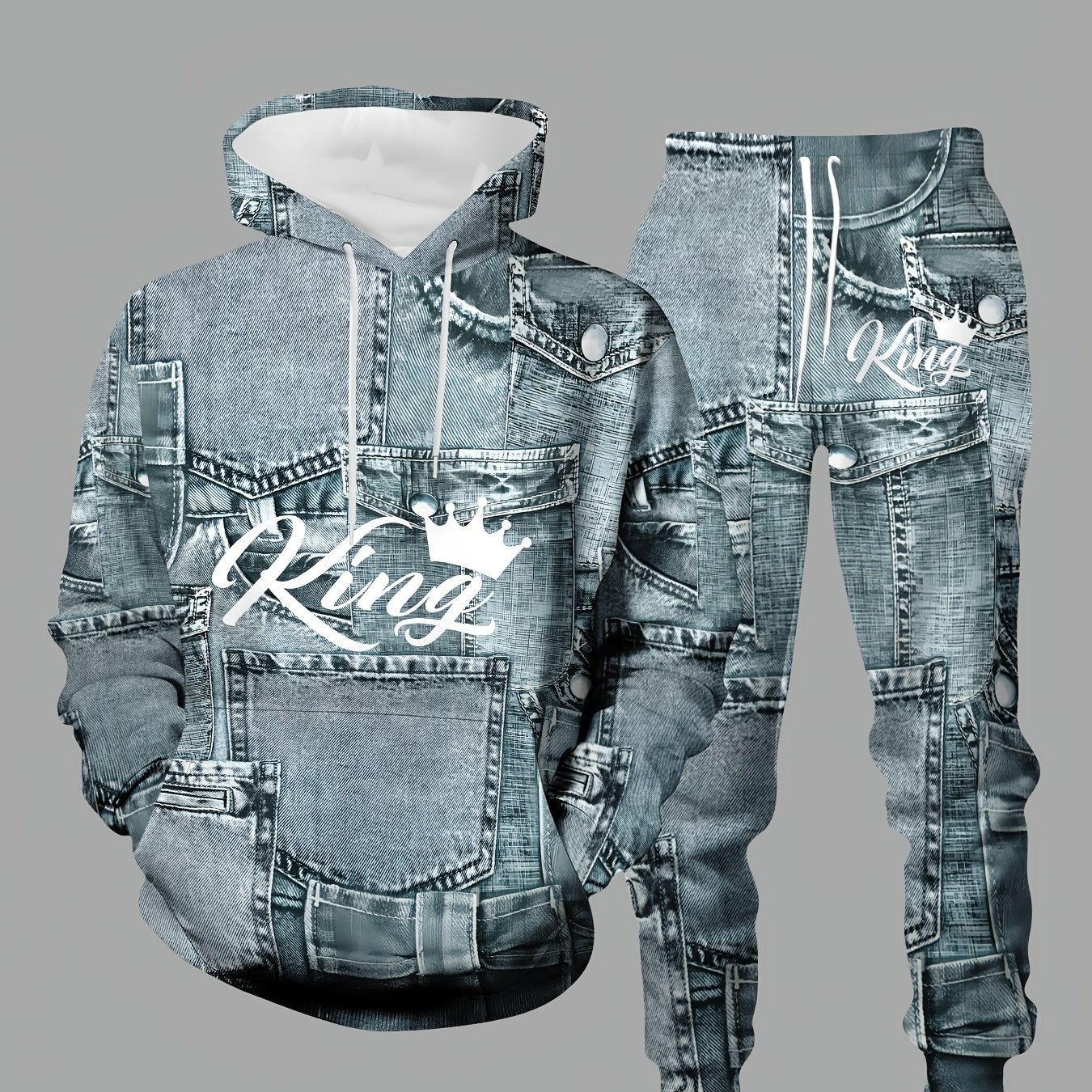 TEMU Conjunto de Sudadera con Capucha para Hombre con Diseño Estampado - No Texturizado/Impresión 2D, Diseño Original y Moderno, de Mezclilla Azul