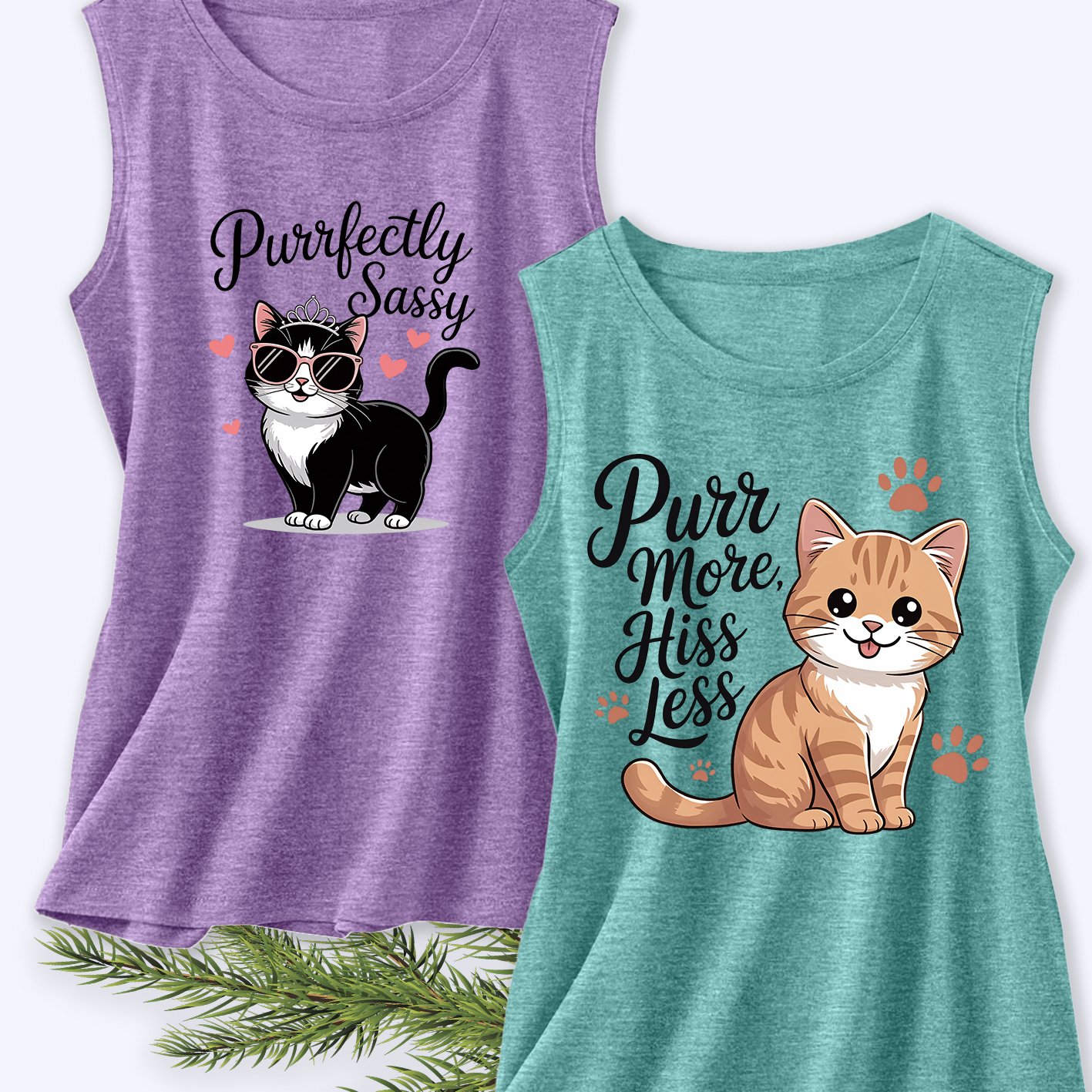 TEMU Vacation Clothing, Women's Sleeveless Vest 2pcs Set, Retro Printed Summer Casual Wear, Cat, Adorable Summer Essential Fashion Item, Round Neck