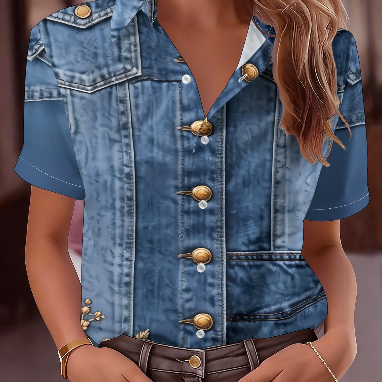 TEMU Women's Casual Short-sleeve Blue Denim Vest With A Vibrant Floral Decorative Pattern Underneath, Machine-washable Top, -up Shirt