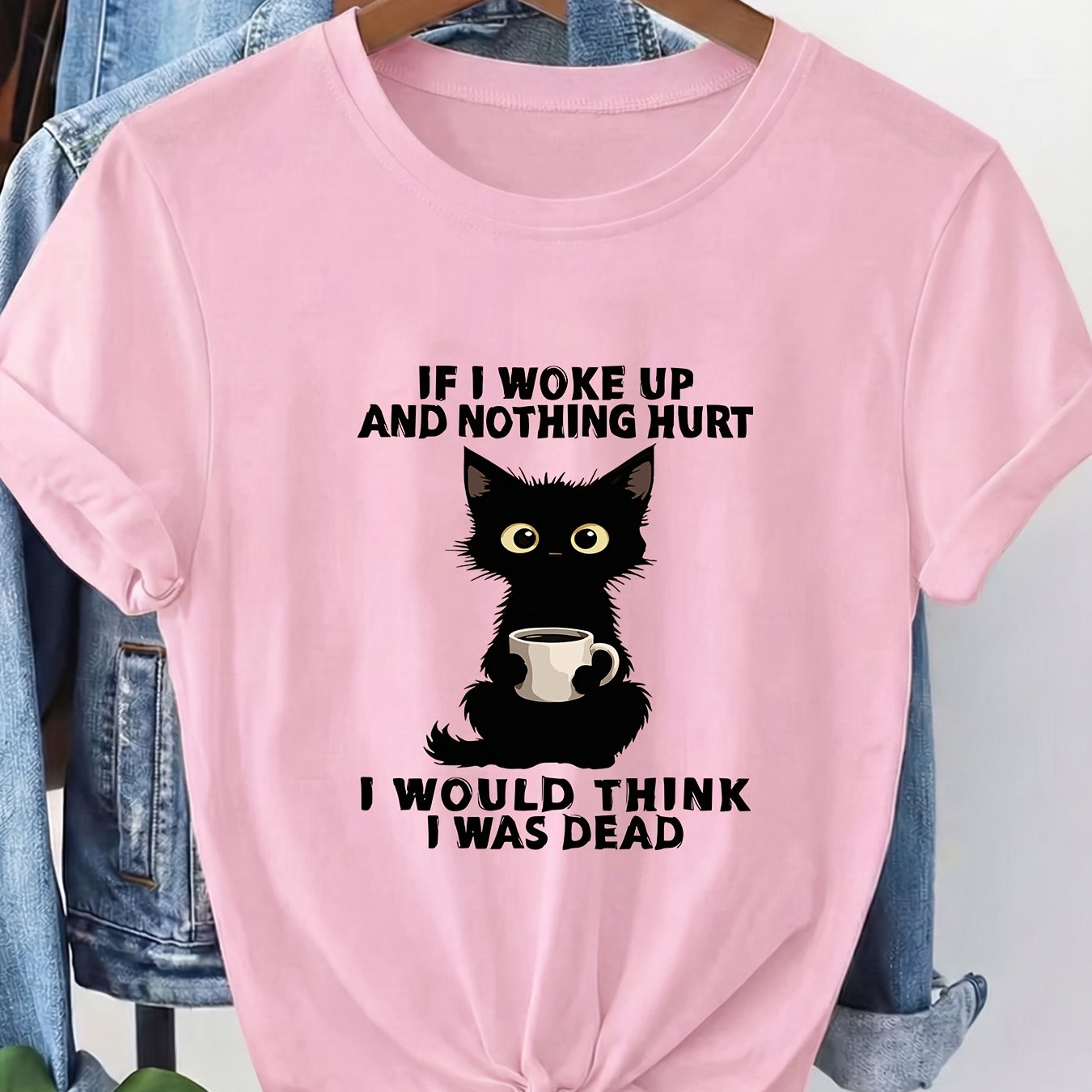 TEMU Women's Spring And Summer Casual Round Neck Short-sleeved T-shirt, Black Cat Holding A Coffee Cup, With English Floral Print, Breathable Machine