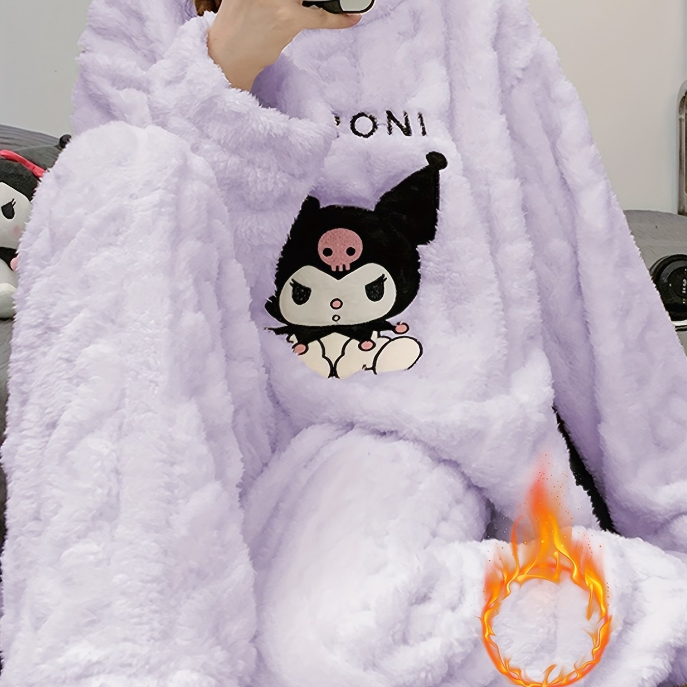 E-shop Herbst- und Winterneue Damen-Pyjamas Sanrio mit Niedlichem -Stickmuster, Langarmhosen für Zuhause, Warme Fleece-Komfortkleidung