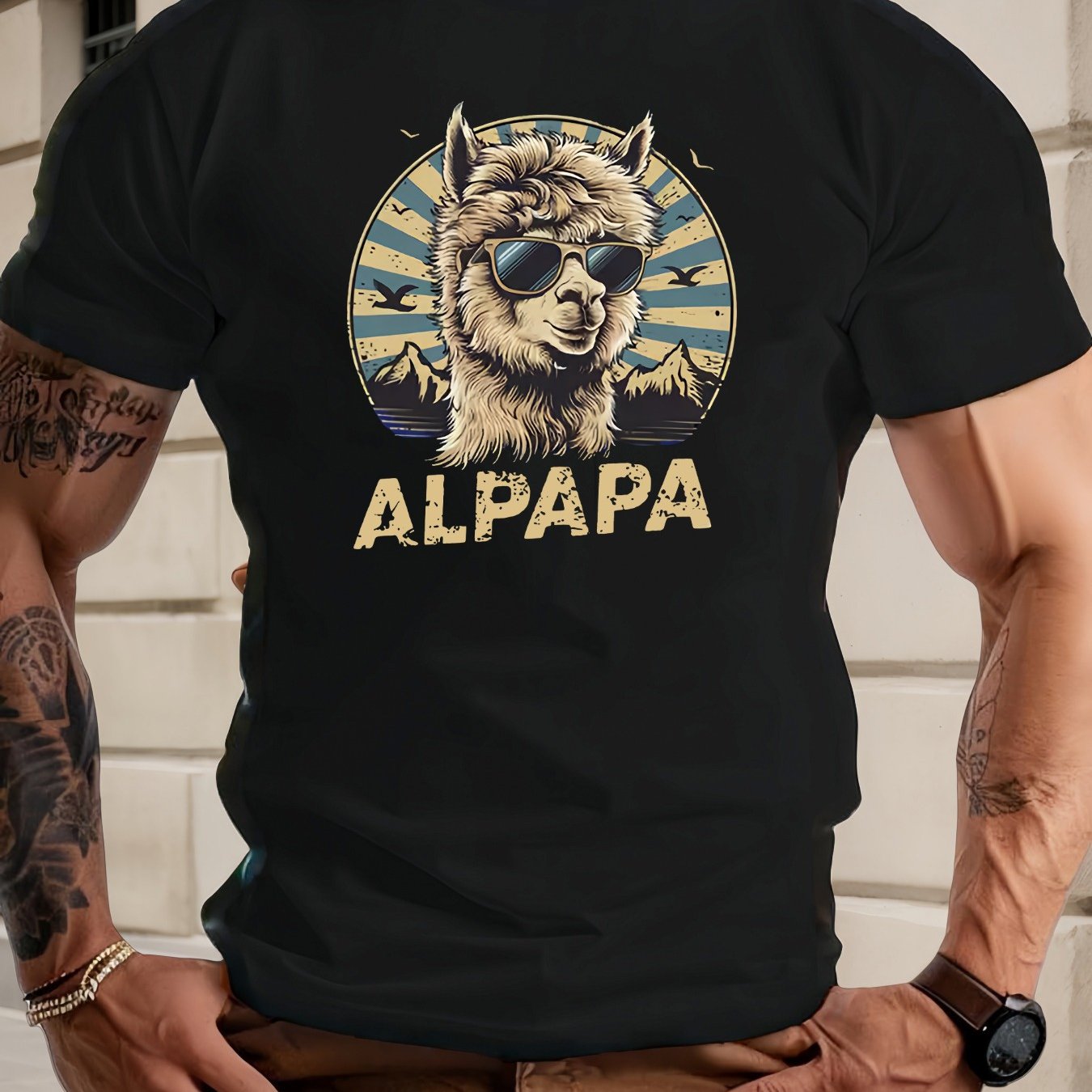 E-shop Herren Alpaka & Brille Grafik-T-Shirt – Schwarzes Kurzarm-T-Shirt mit Rundhalsausschnitt -Logo-Schriftzug, leicht, für alle Jahreszeiten