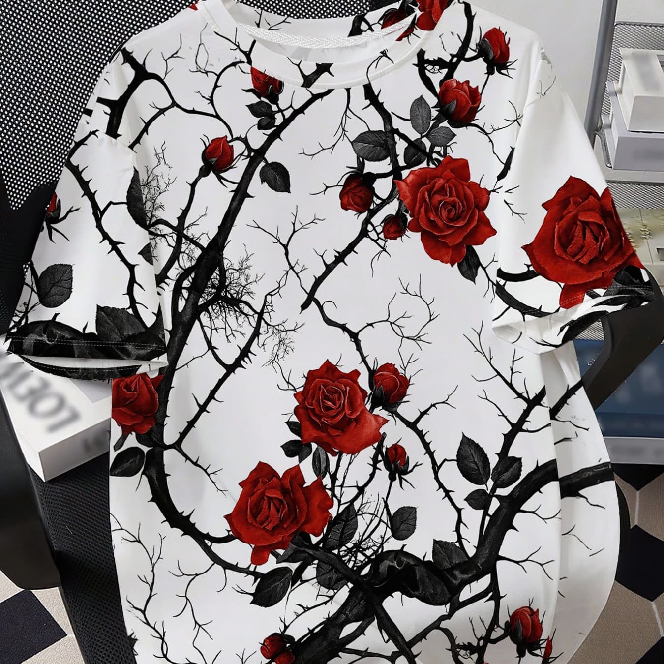 TEMU Men's Fashion Trendy Rose Flower Branch Short Sleeve T-shirt Summer New Casual Loose Breathable Round Neck Top