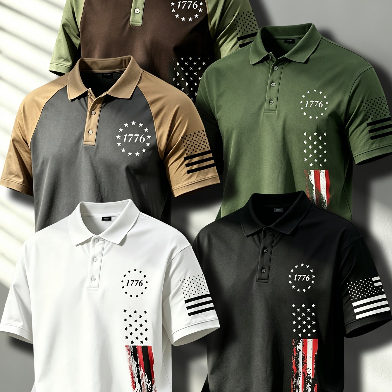 TEMU 5pcs Set - Men's Casual Shirt/short Sleeved Shirt, Flag 1776 Day Print, Collar 1/4 Button/ Collar, Breathable And Comfortable Fabric, Suitable
