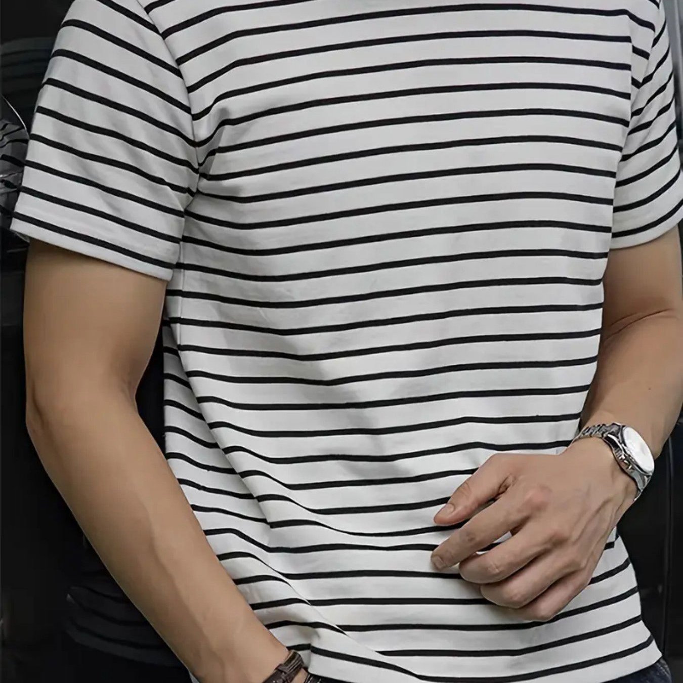 TEMU And White Striped Round-neck T-shirt, Easy Design, Fashionable And Trendy Men's Elegant Round-neck Short-sleeved T-shirt