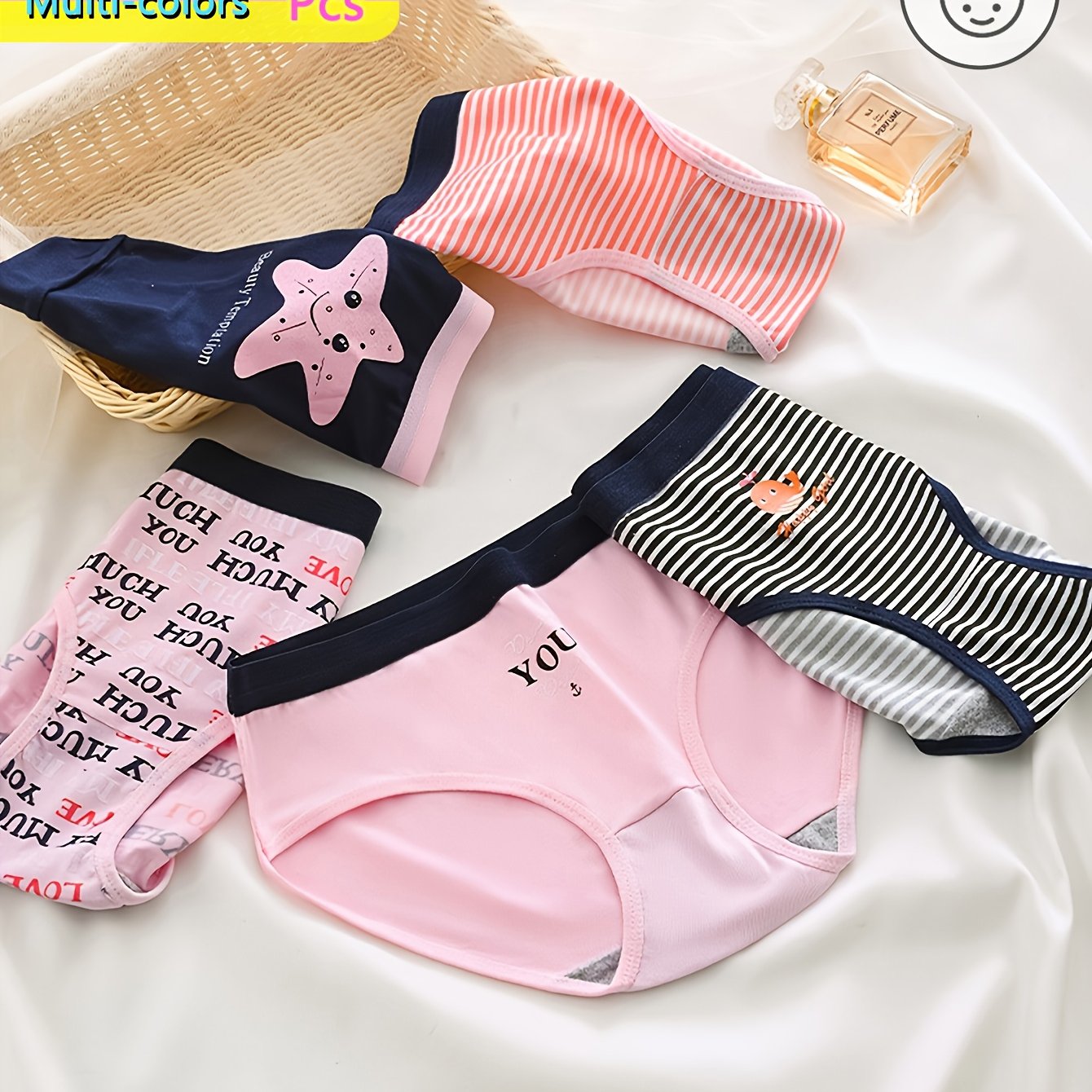 E-shop 7-teilige mehrfarbige Unterwäsche, niedliche Cartoon-Druck-Slips für junge Mädchen mit „LOVE“-Schriftzug, atmungsaktiv bequem, verschiedene