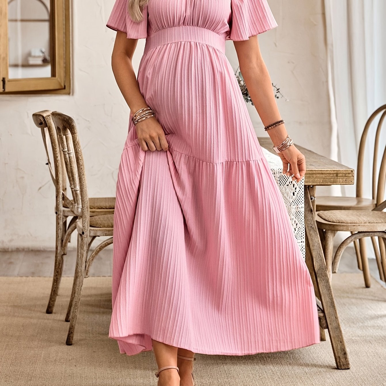 E-shop Lässiges Damen A-Linien Kleid mit Rüschenärmeln und Schleife für Schwangere