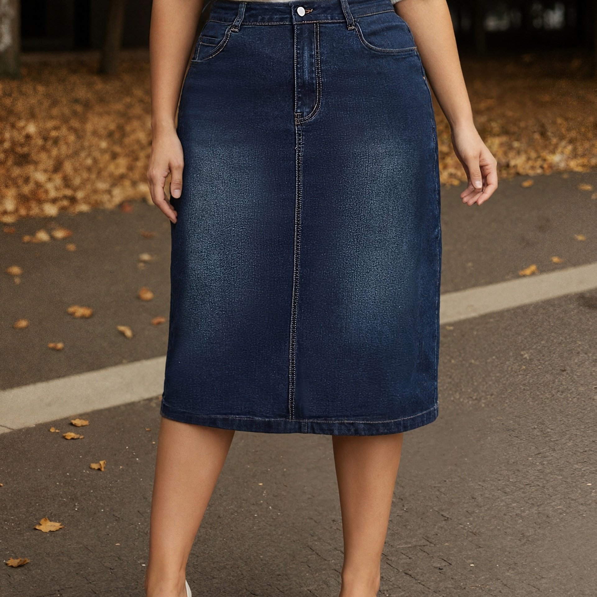 Trendy Plus-size Women's Stretch Denim Skirt, Slim-fit, , Versatile, Dark Blue, Nostalgic Style Women's Skirt