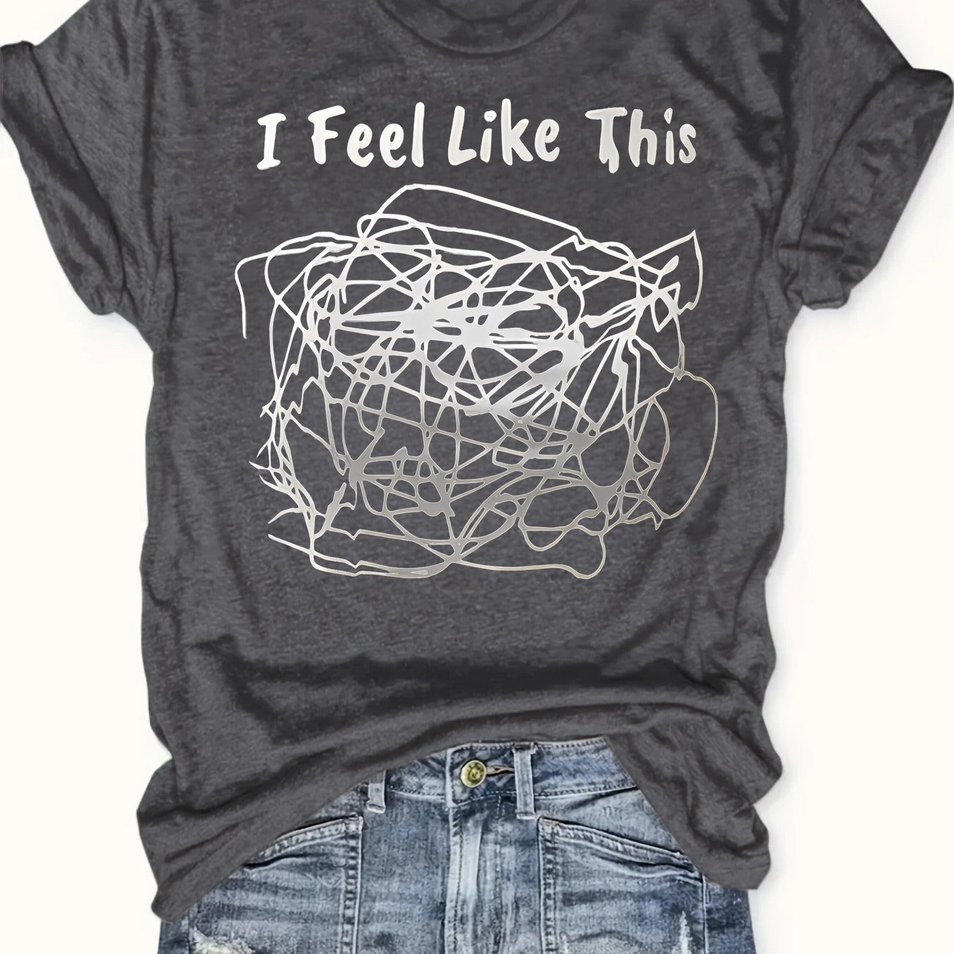 TEMU "i Feel " Line Round Neck Casual Women's T-shirt, Hide Companion In A Date Gift, Soft And Comfortable Like A Hug, Lightweight And Breathable, Perfect For Christmas And Holiday Gifts