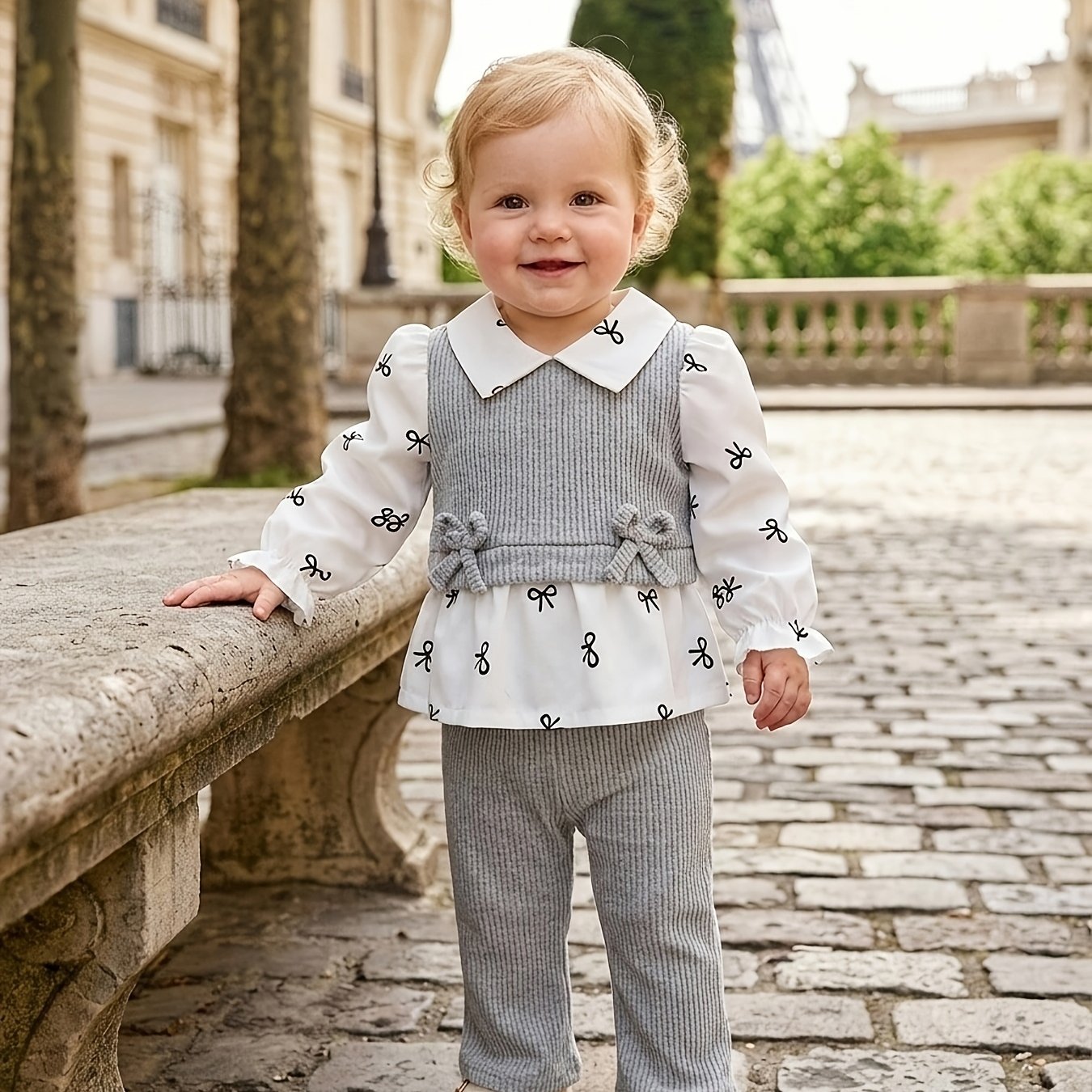 Image of Girls' Spring/autumn Elegant Temperament 2pcs Set With Bow Print Color-block 2-in-1 Look: Long-sleeve Casual Shirt Top And Solid Color Slim-fit Flared Pants Set, Perfect For Outdoor