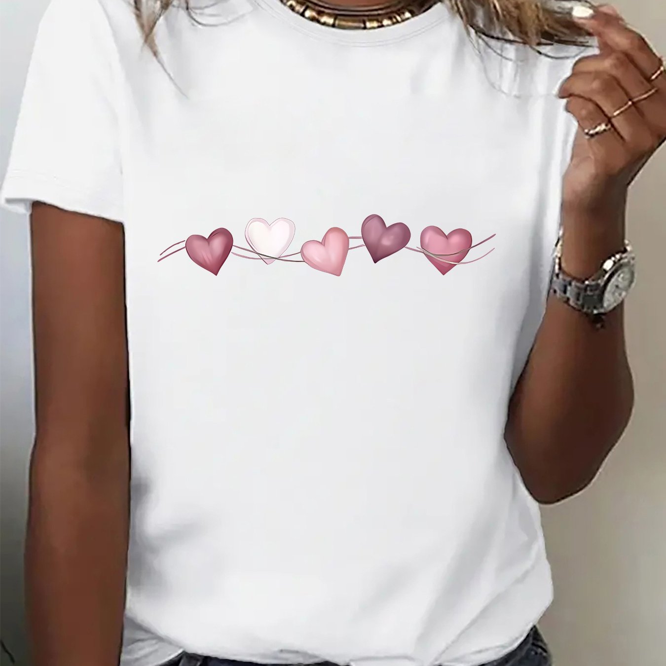 TEMU Women's Casual T-shirt - Gradient Heart String Print - Printed Style - Women's Casual Sports T-shirt - Beautiful Short Sleeves, Suitable For ,