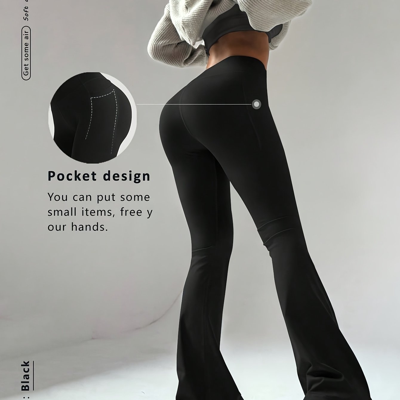 TEMU Pantalones deportivos acampanados de tiro con bolsillos grandes para guardar un teléfono. El diseño de tiro a recoger el abdomen y las caderas,