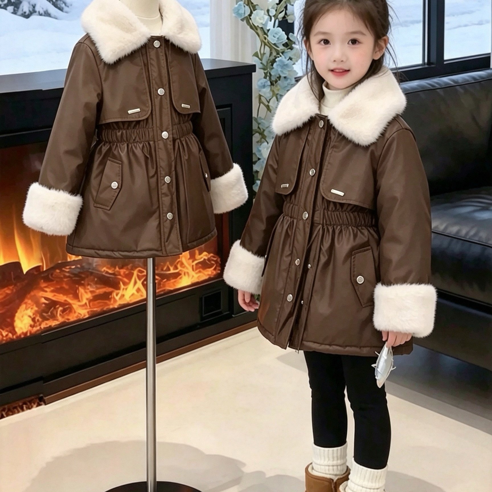 Girl's Winter Coat - Fashionable Button-up Jacket, Long-sleeved Belted Coat, Winter Cold-proof Warm Snowsuit Coat