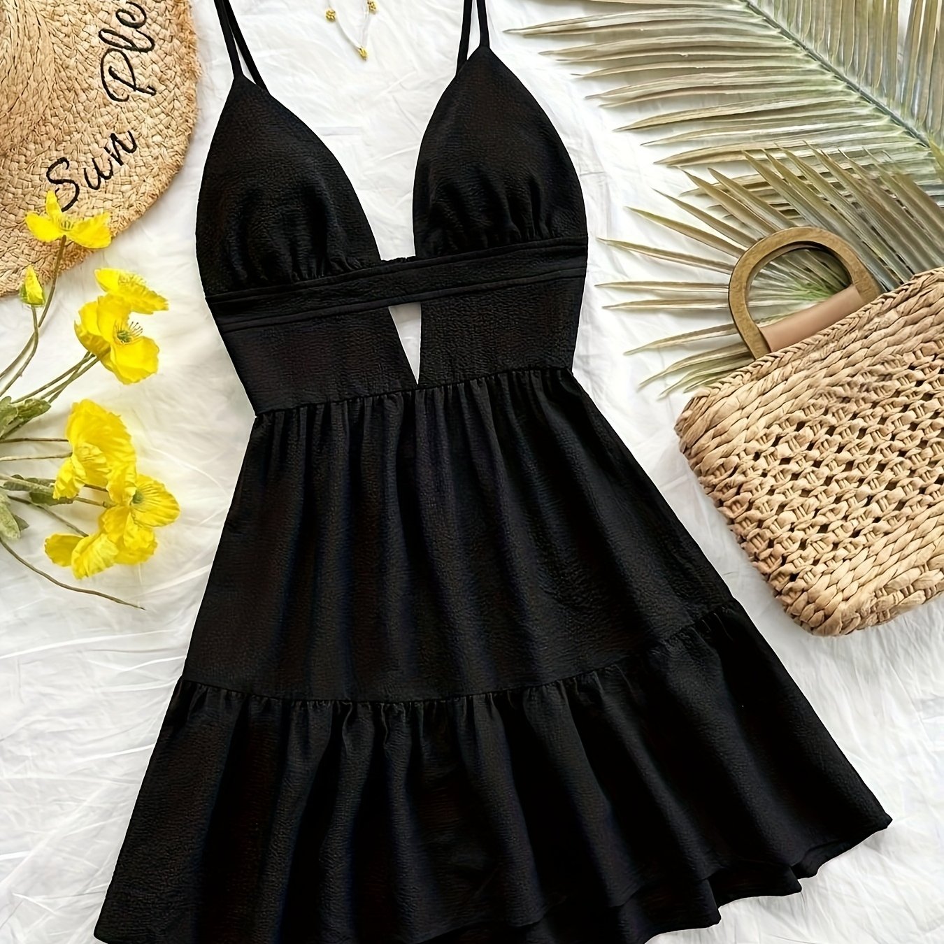E-shop Urlaubs-Casual V-Ausschnitt Rückenfreies Schwarzes Skate-Kleid