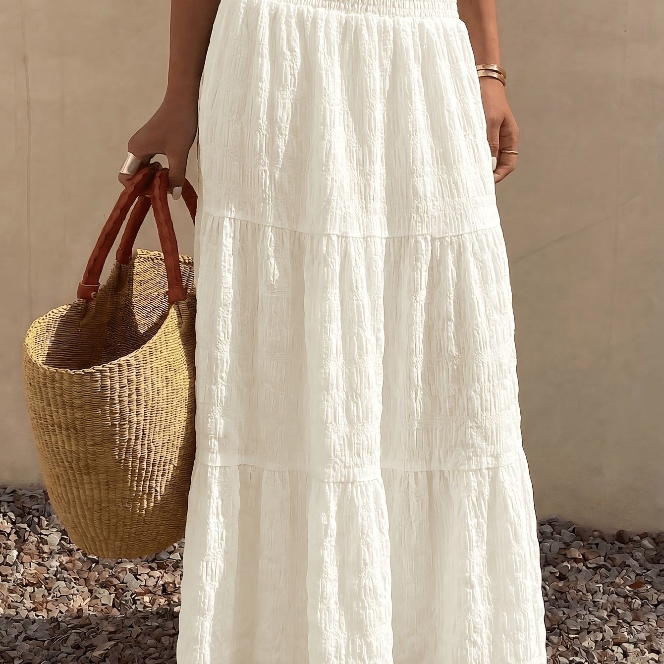 TEMU Women' Texture Fabric High-waist Long Skirt, Suitable For Beach/vacation, Spring Summer Bohemian Style Long Dress